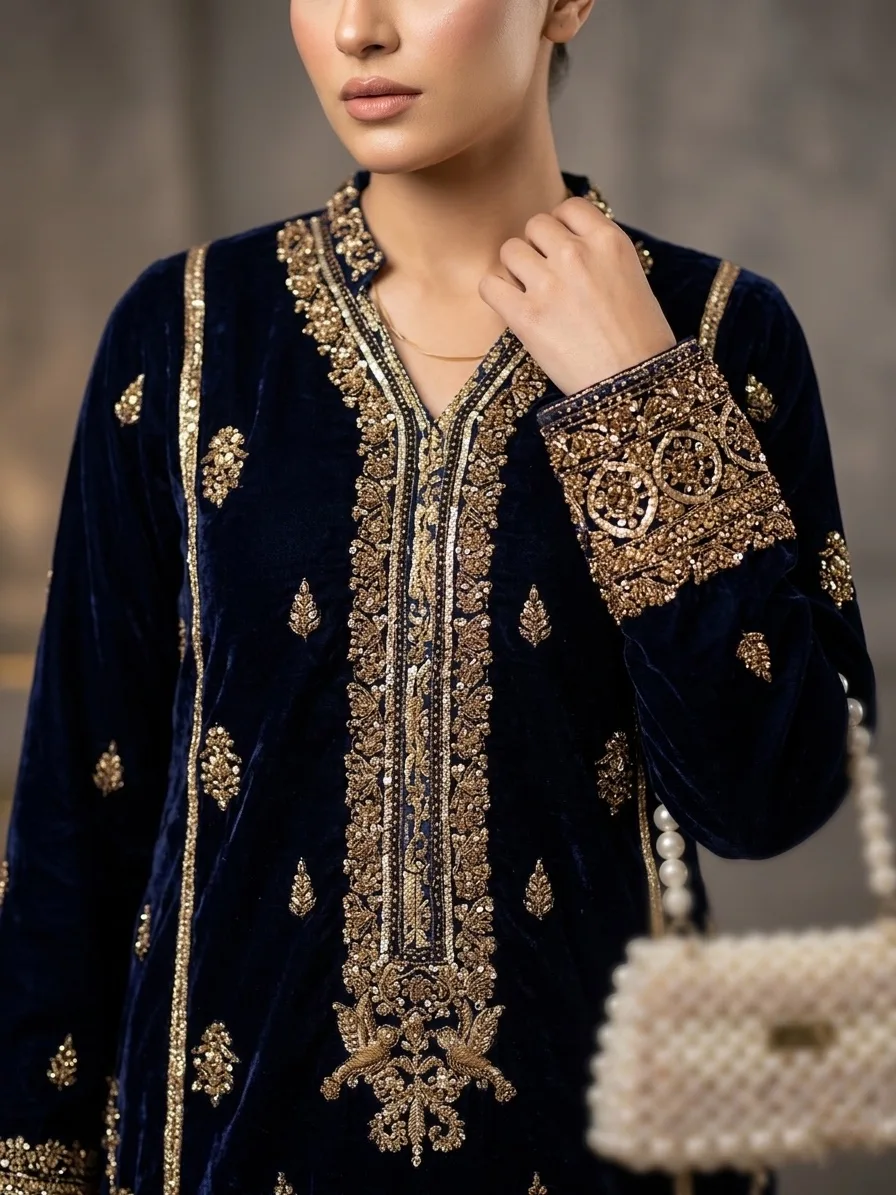 Zarqaa-e-Shab (Blue of the Night) Velvet Outfit