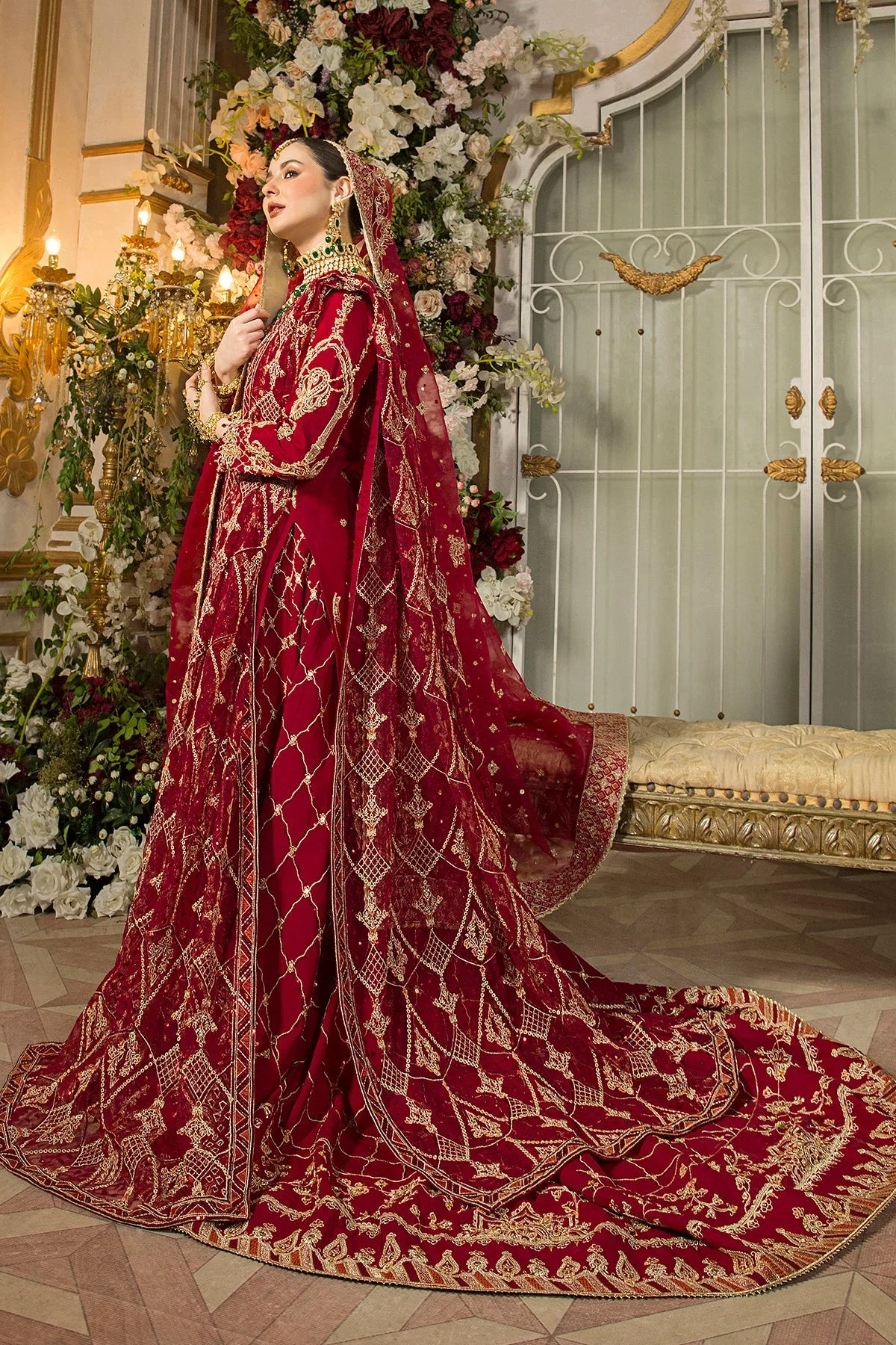 Pakistani Bridal Dress Deep Red Long Shirt With Tail Long Lehenga 2