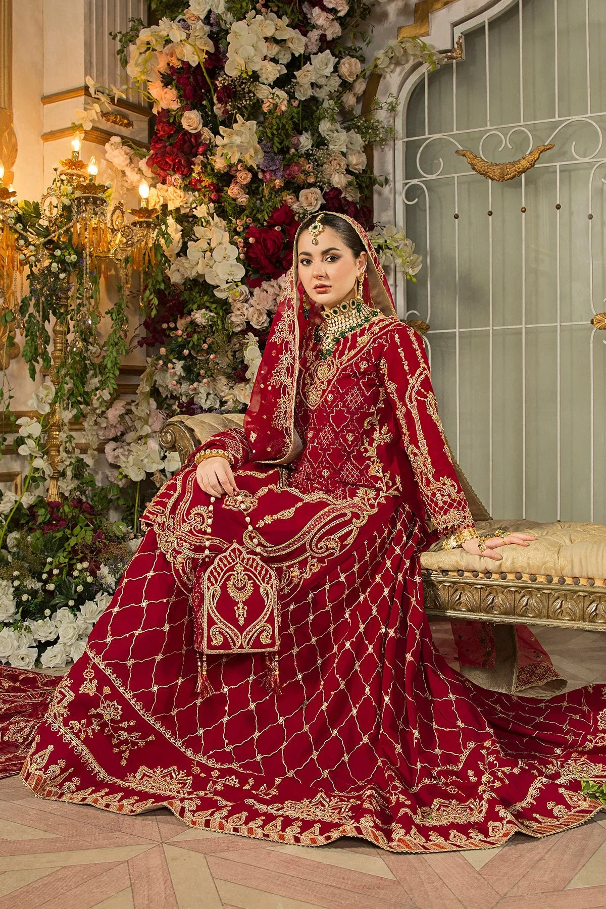 Pakistani Bridal Dress Deep Red Long Shirt With Tail Long Lehenga 3
