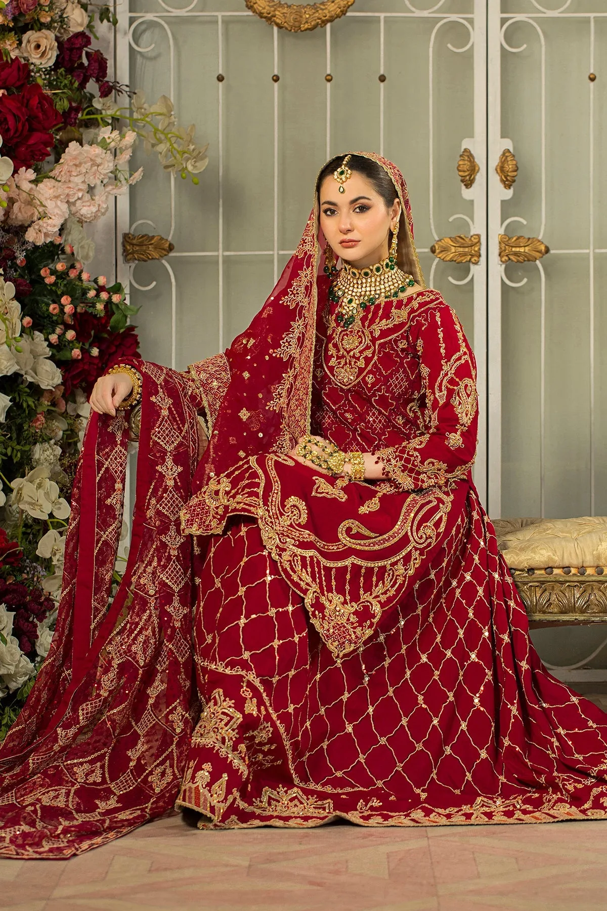 Pakistani Bridal Dress Deep Red Long Shirt With Tail Long Lehenga 4
