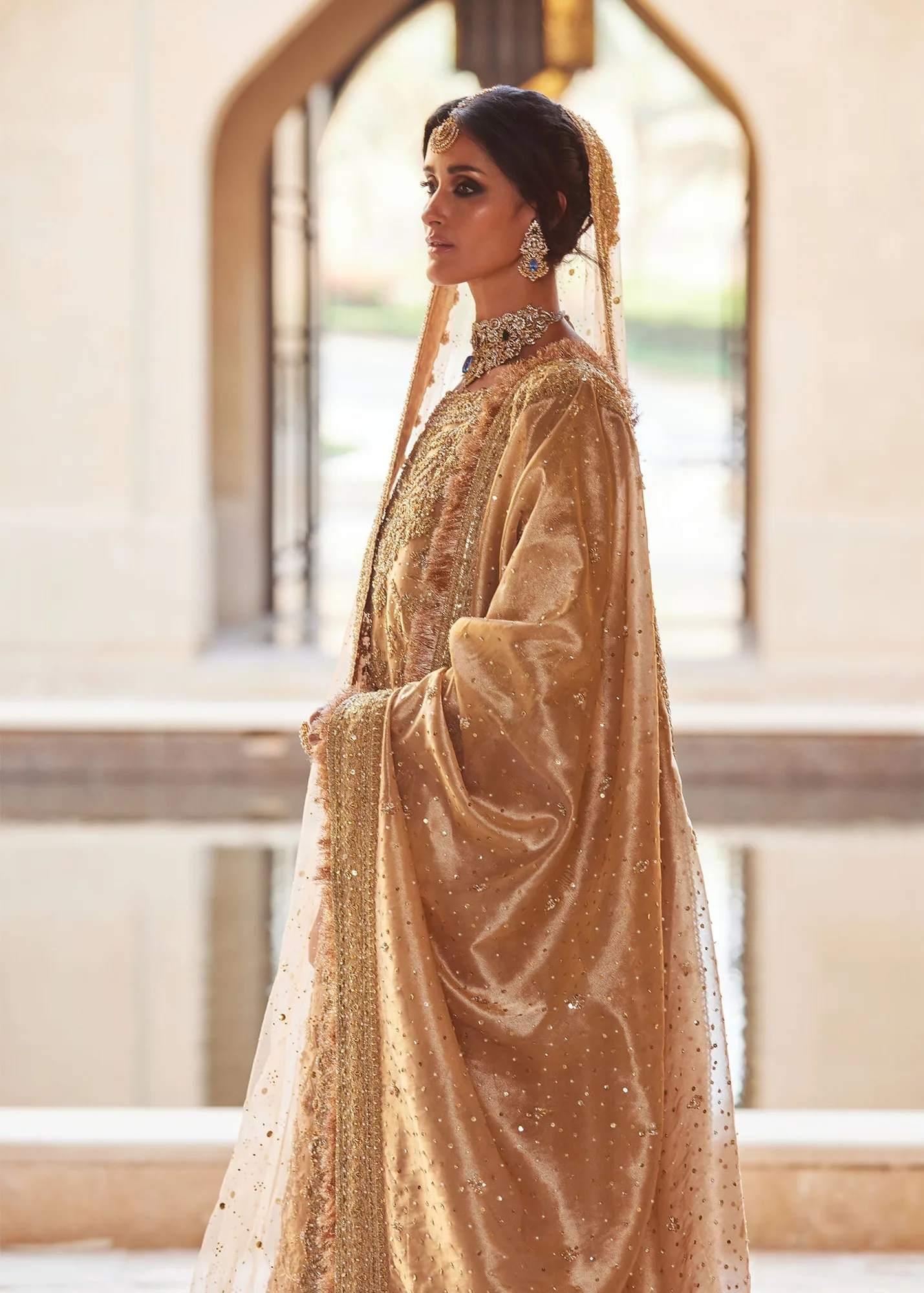 Pakistani Bridal Dress in Gold Lehenga Kameez Style 2