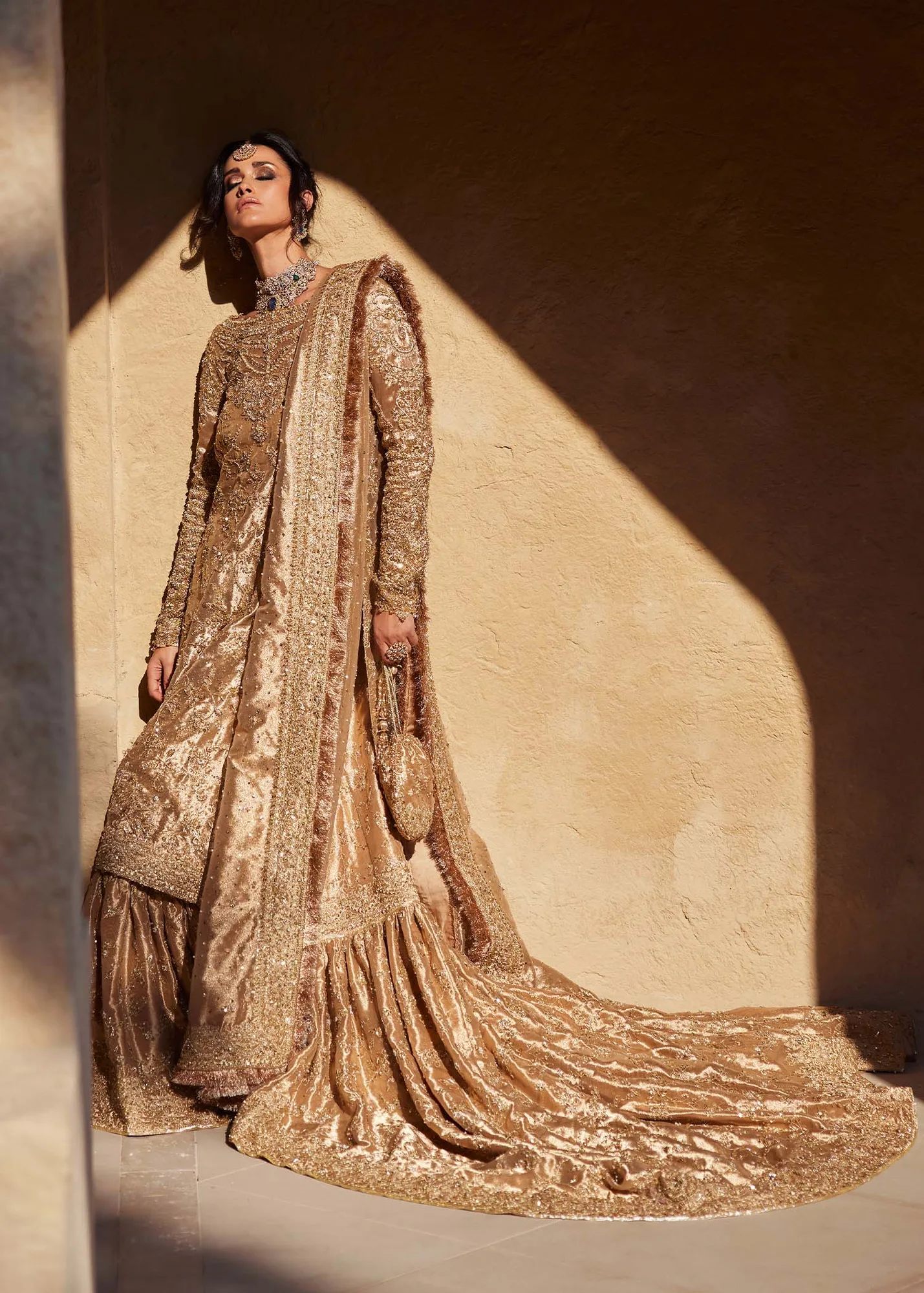 Pakistani Bridal Dress in Gold Lehenga Kameez Style 3