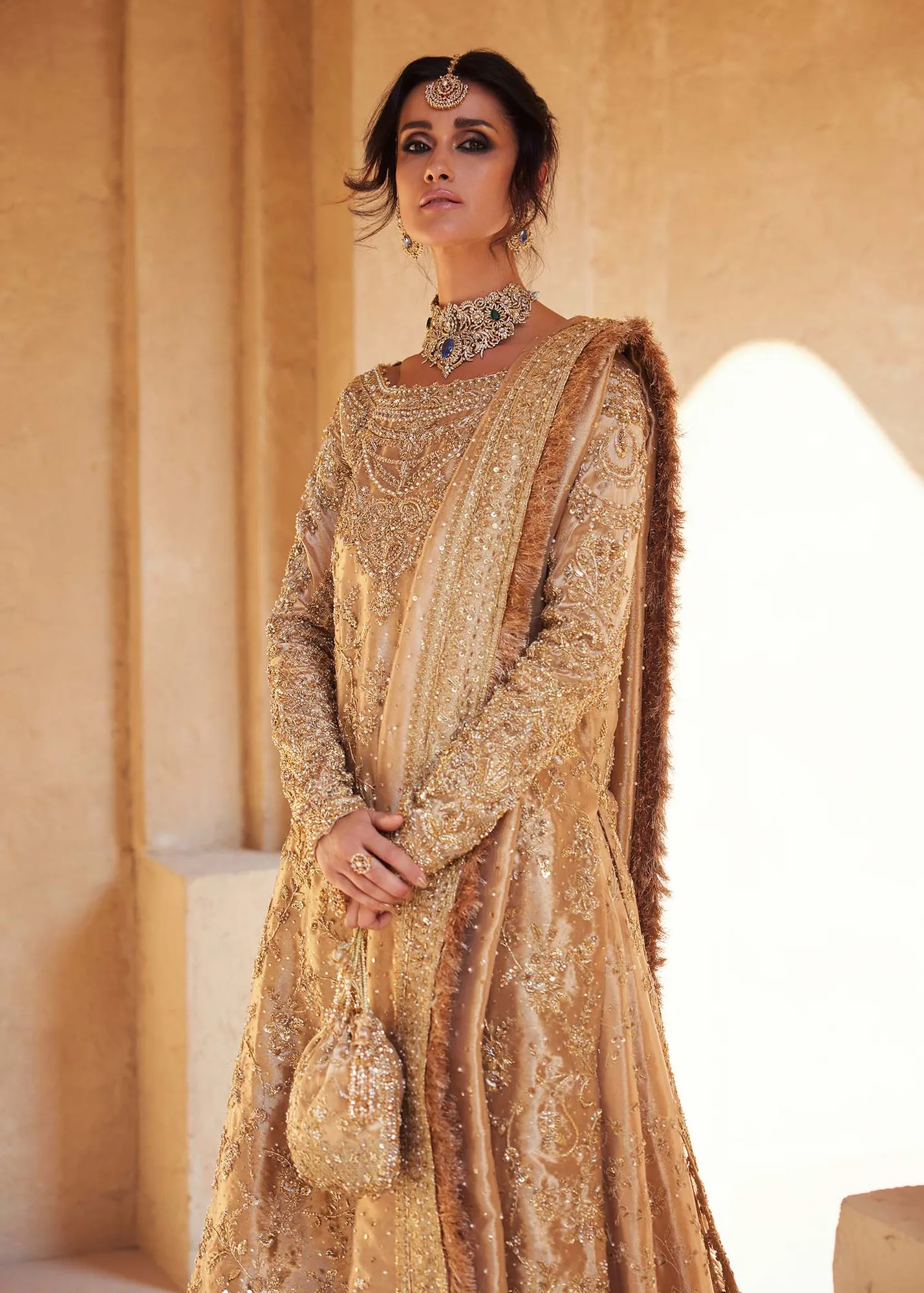 Pakistani Bridal Dress in Gold Lehenga Kameez Style 4
