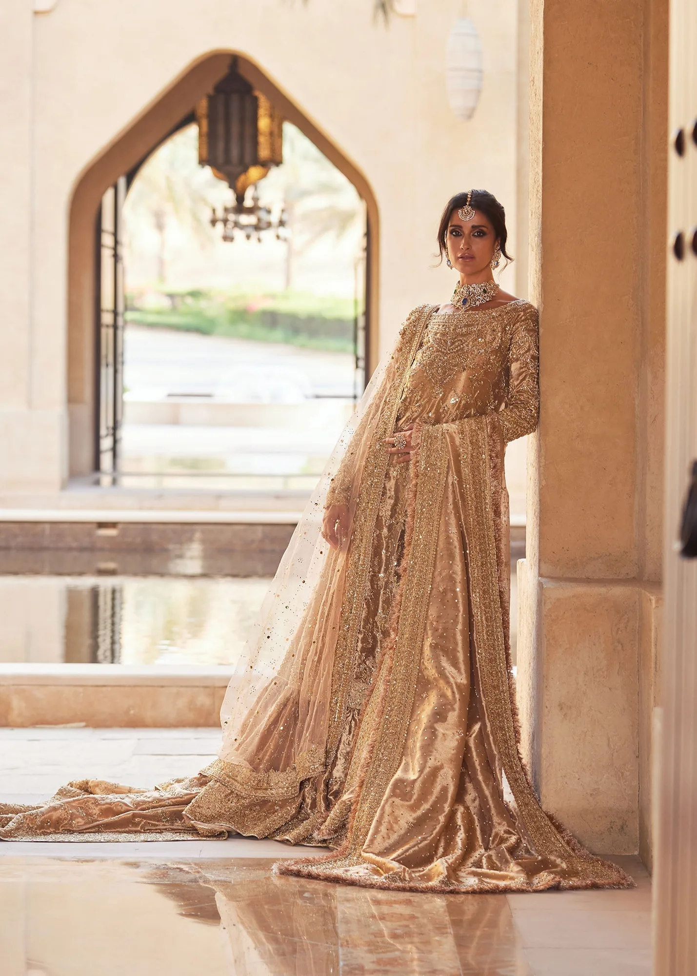 Pakistani Bridal Dress in Gold Lehenga Kameez Style 5
