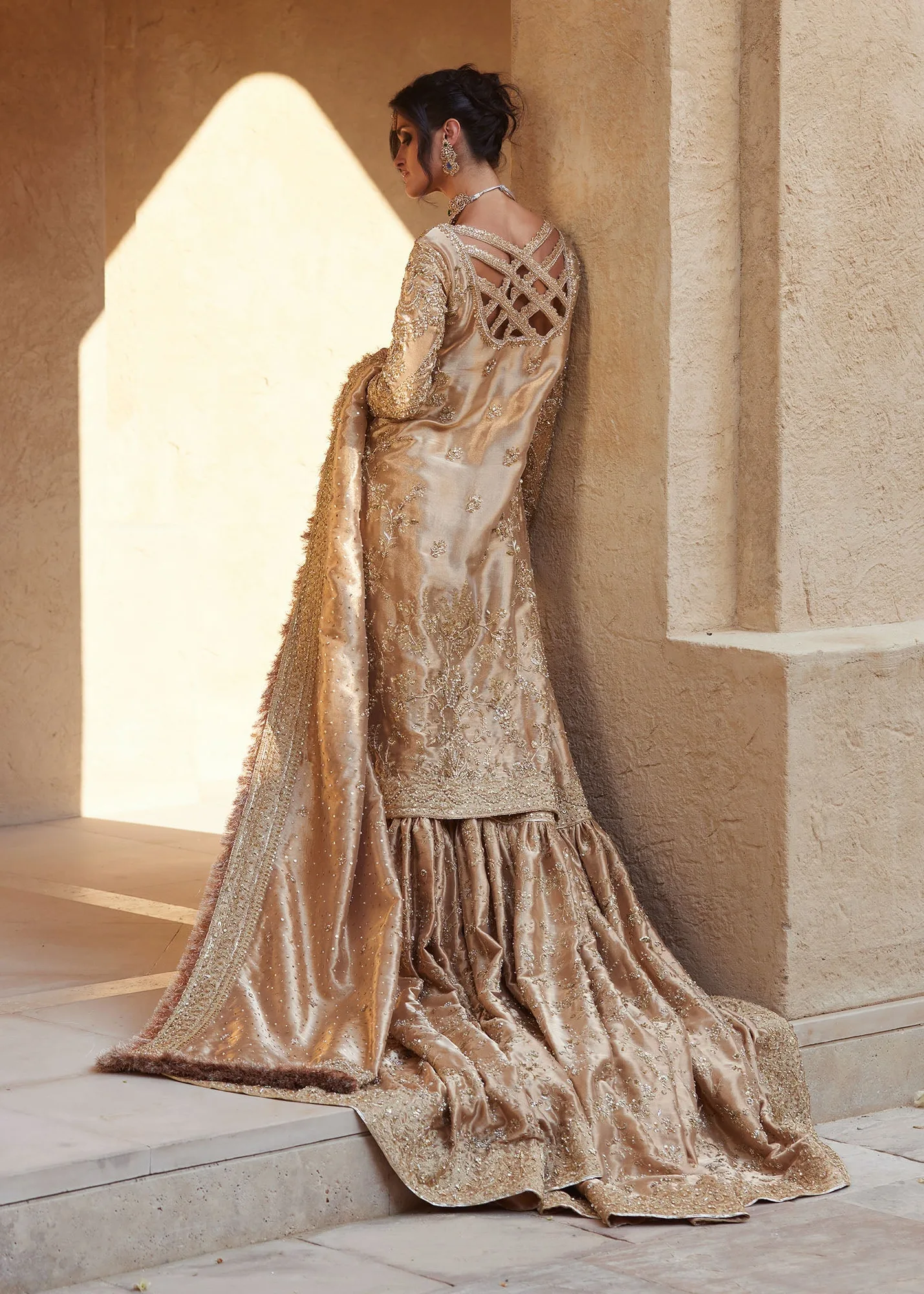 Pakistani Bridal Dress in Gold Lehenga Kameez Style 6