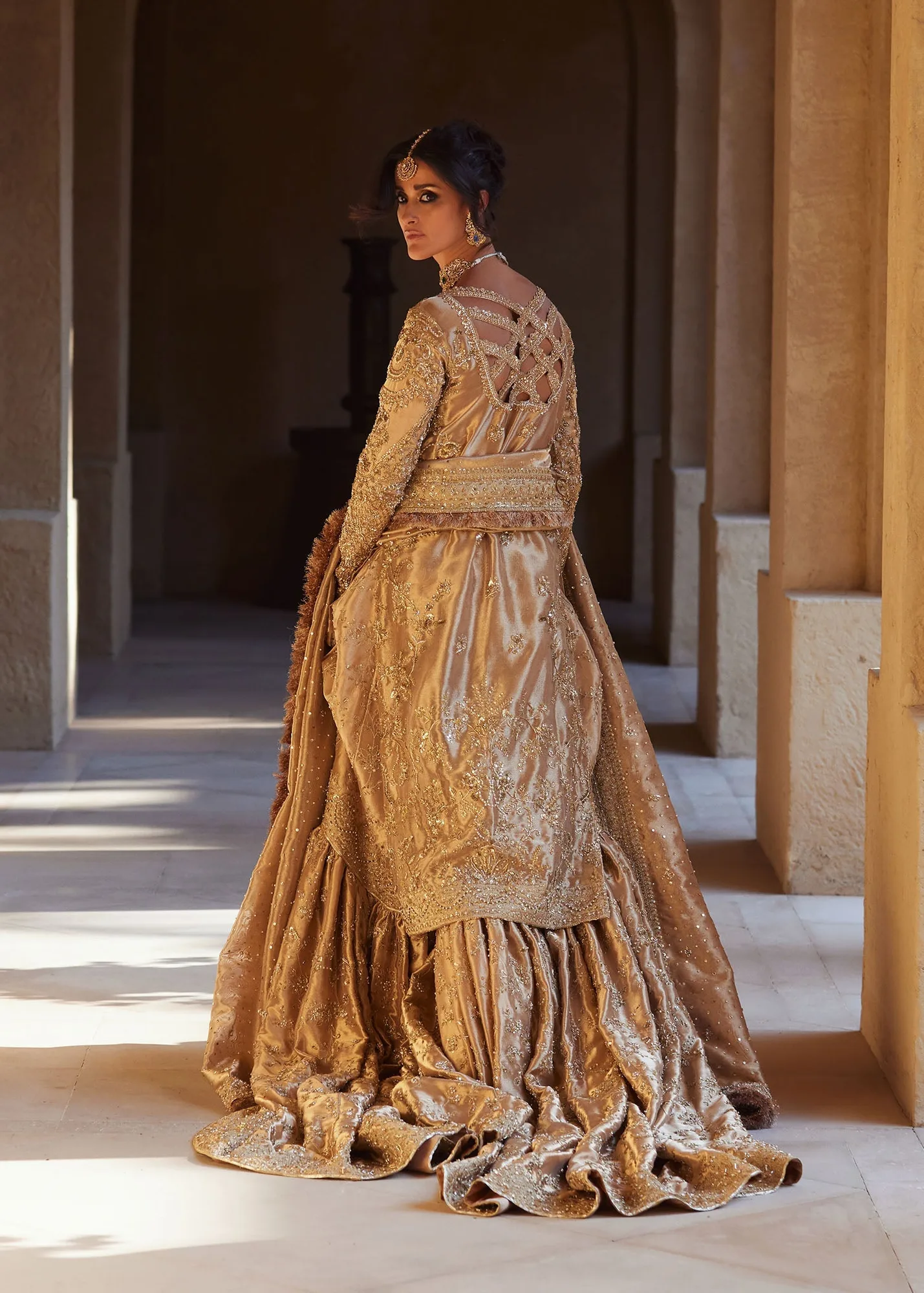 Pakistani Bridal Dress in Gold Lehenga Kameez Style 7