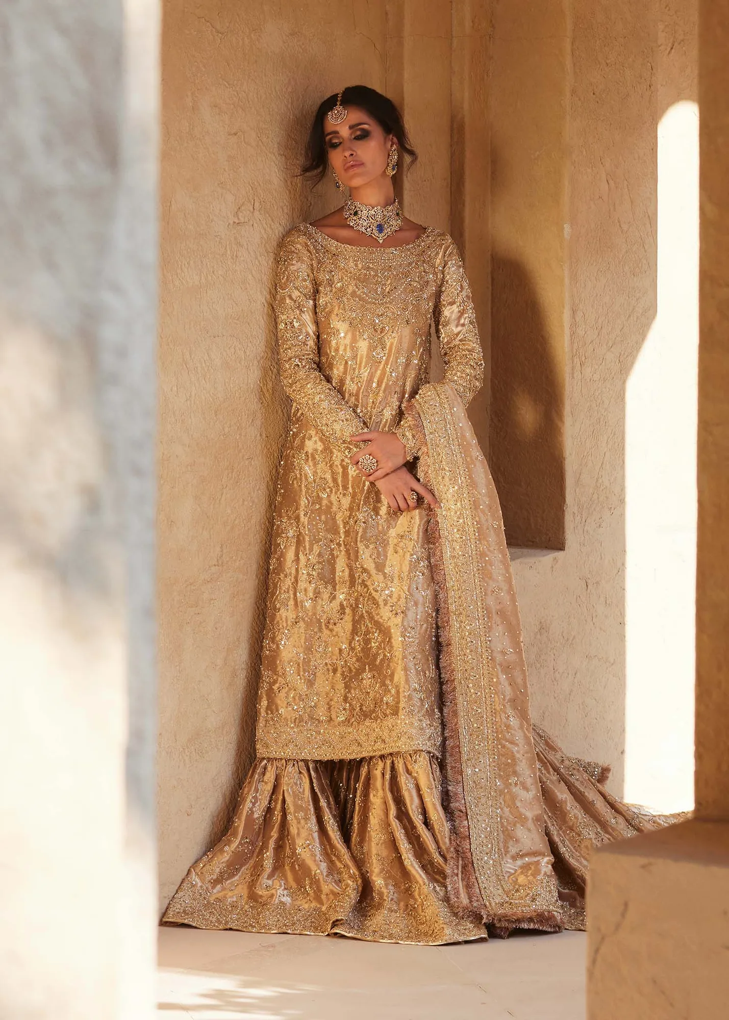 Pakistani Bridal Dress in Gold Lehenga Kameez Style 9