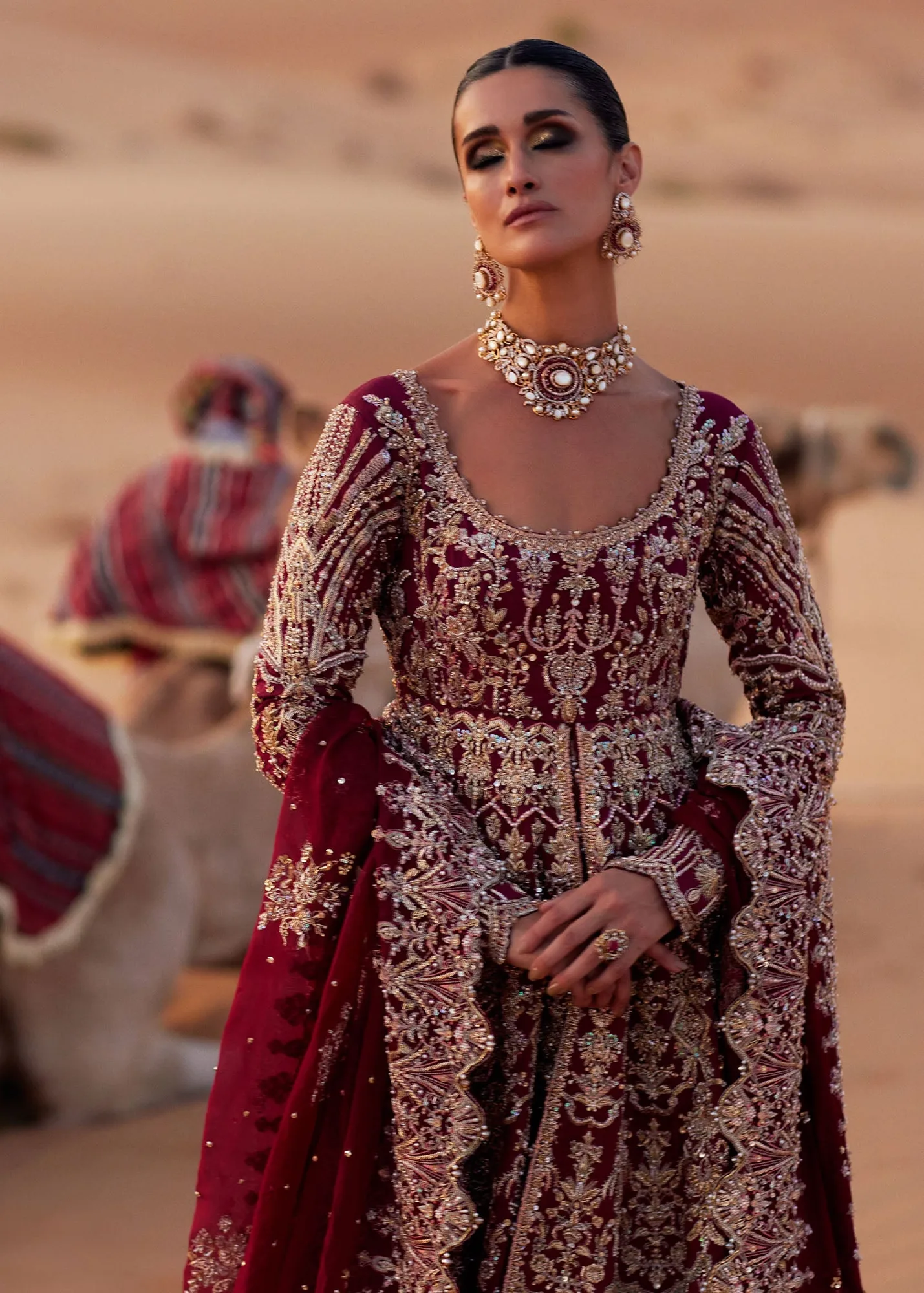 Pakistani Bridal Dress in Pishwas and Red Lehenga Style 8