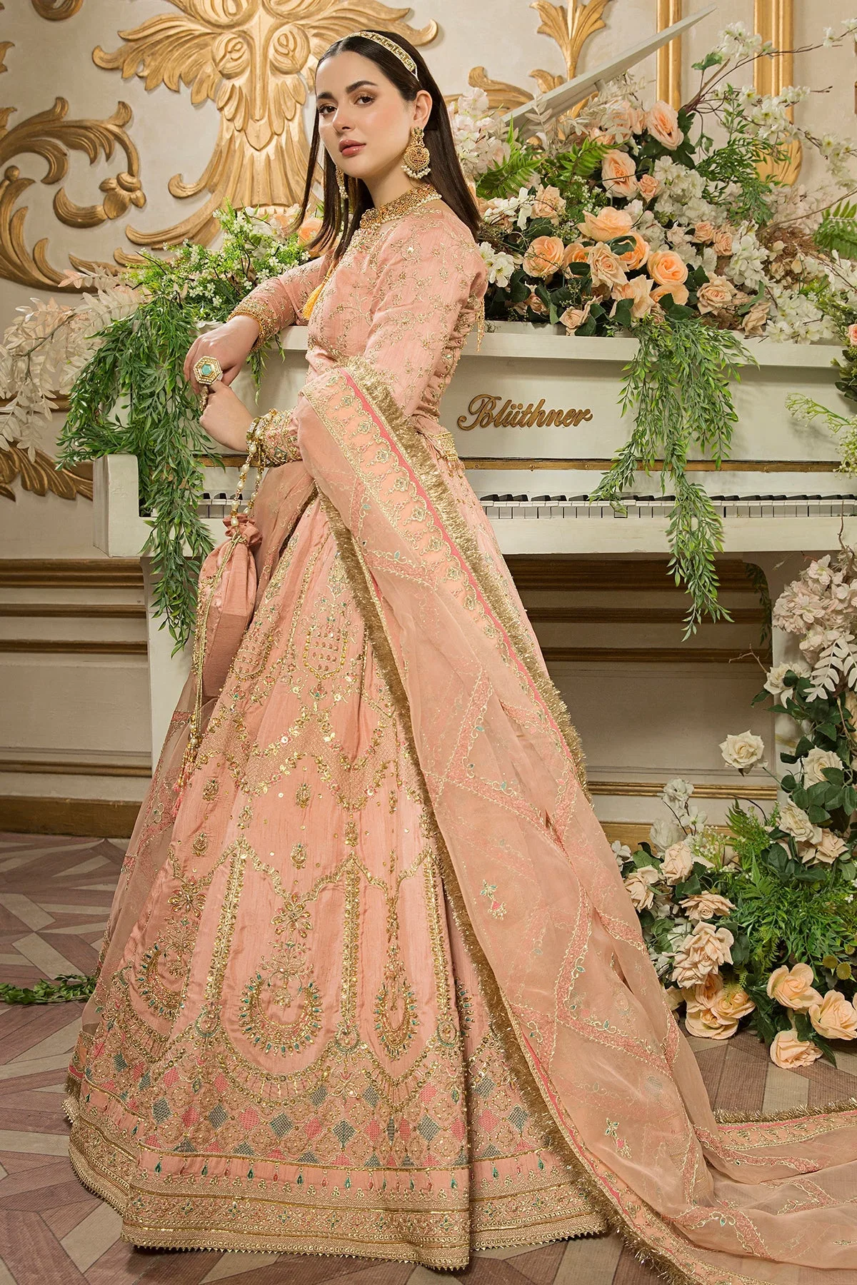 Pakistani Bridal Dress Peach Pink Lehenga and Choli for Bridal Wear 4