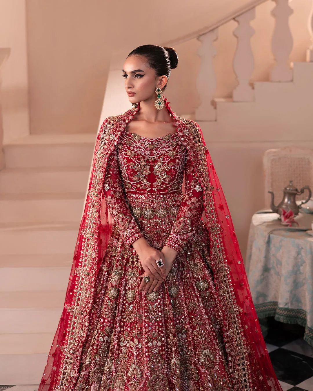 Pakistani Bridal Dress in Red Gown and Lehenga Style 2