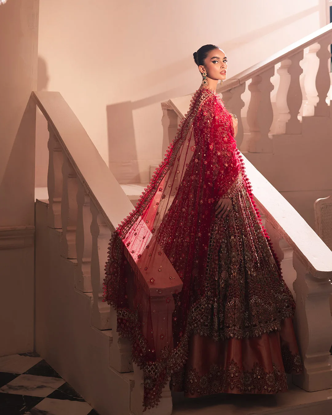 Pakistani Bridal Dress in Red Gown and Lehenga Style 3