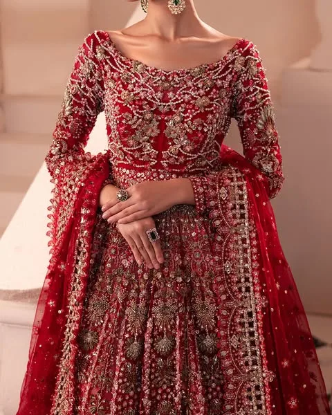 Pakistani Bridal Dress in Red Gown and Lehenga Style 4