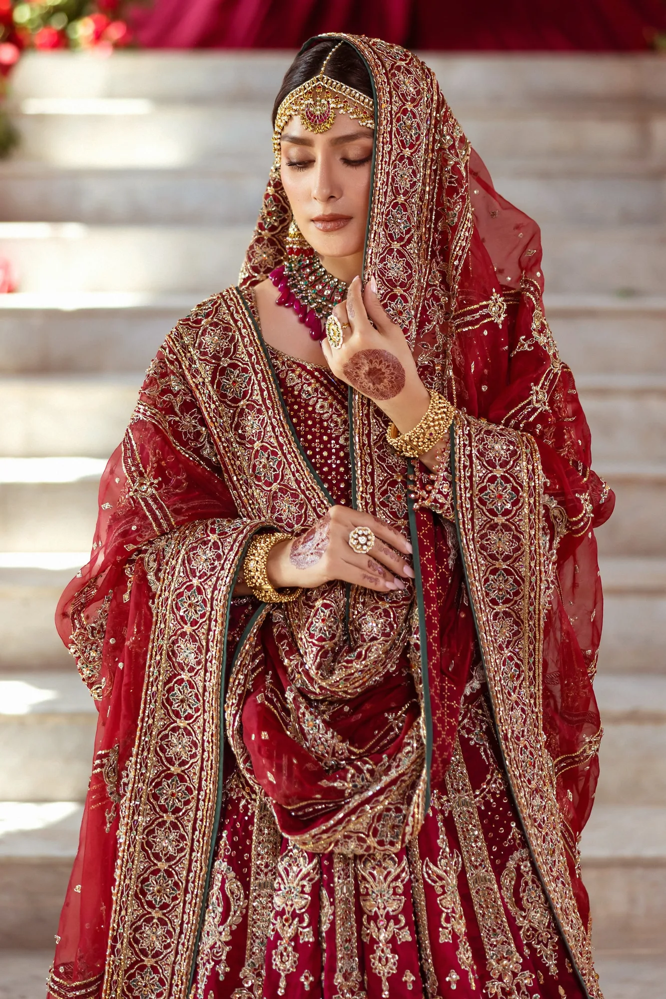Red Pakistani Bridal Dresses in Lehenga Frock Style 4