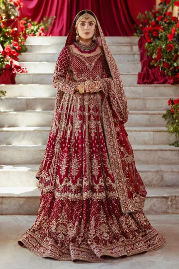 Red Pakistani Bridal Dresses in Lehenga Frock Style 5