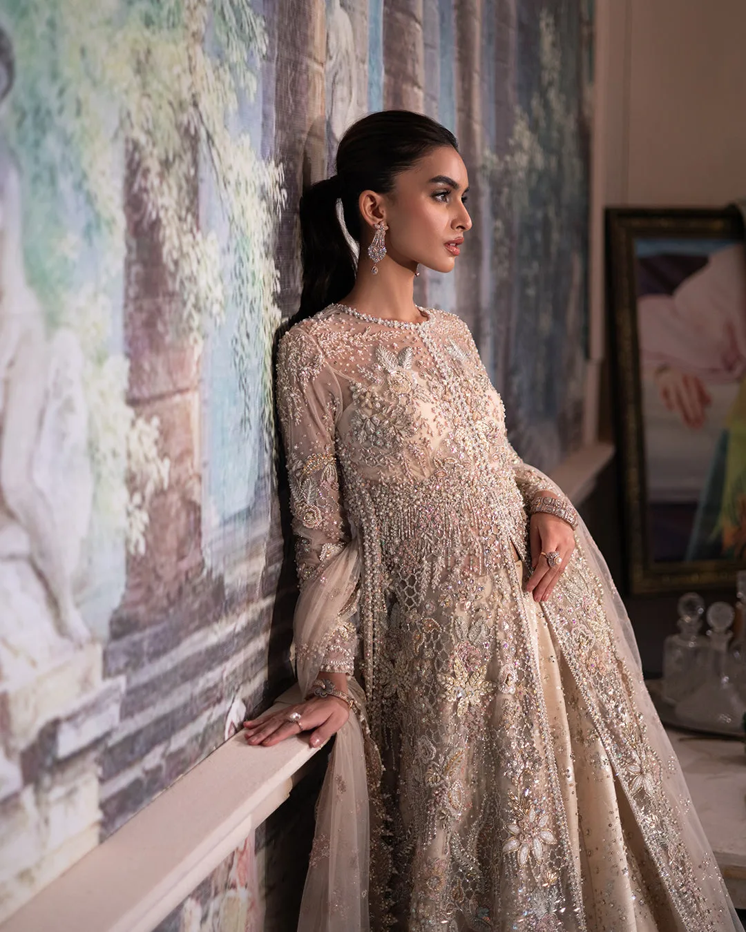 Pakistani Bridal Dress in Open Gown and Lehenga Style 2