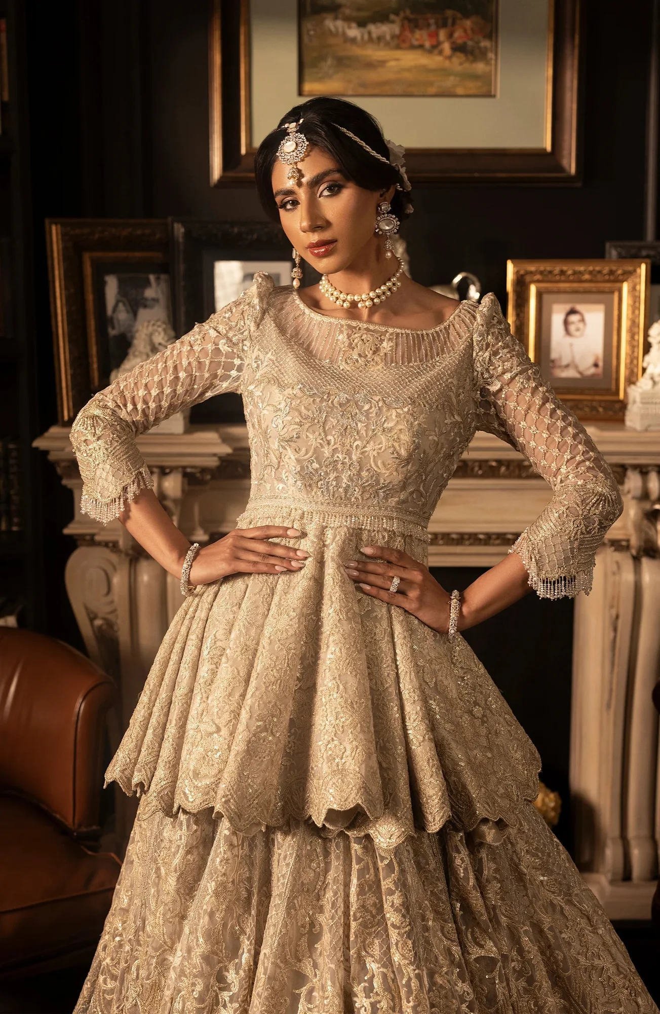 Pakistani Bridal Dress in Ivory Peplum Lehenga Style 2