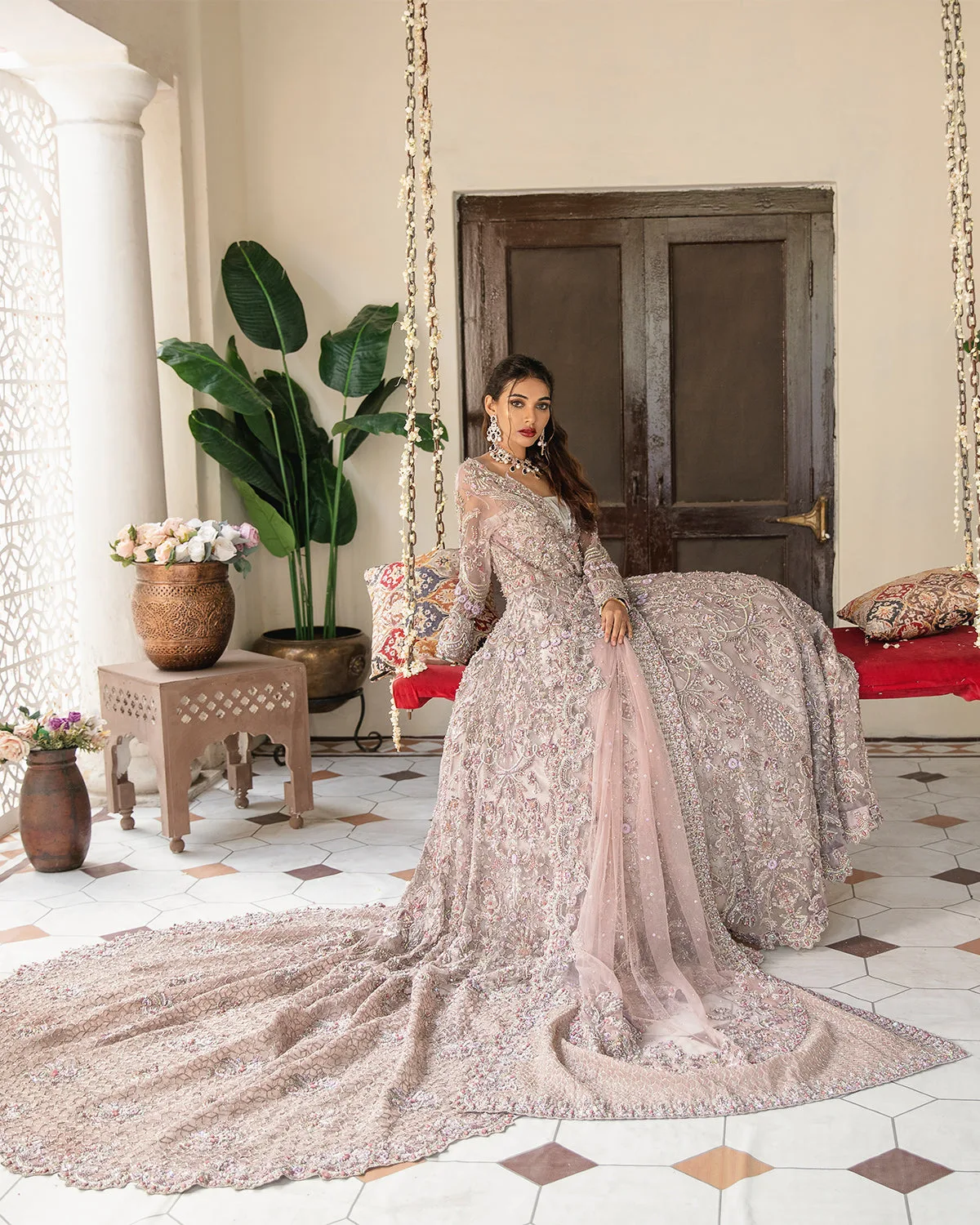 Pink Pakistani Bridal Dress in Long Tail Gown Style 3