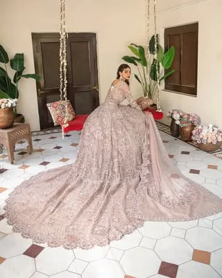 Pink Pakistani Bridal Dress in Long Tail Gown Style 4