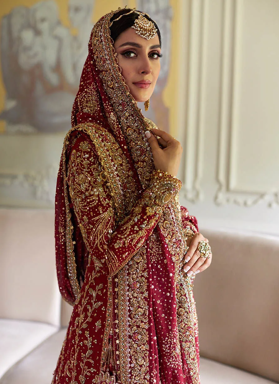 Embroidered Scarlet Pakistani Bridal Dress in Farshi Lehenga Style 3