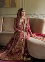 Embroidered Scarlet Pakistani Bridal Dress in Farshi Lehenga Style 5