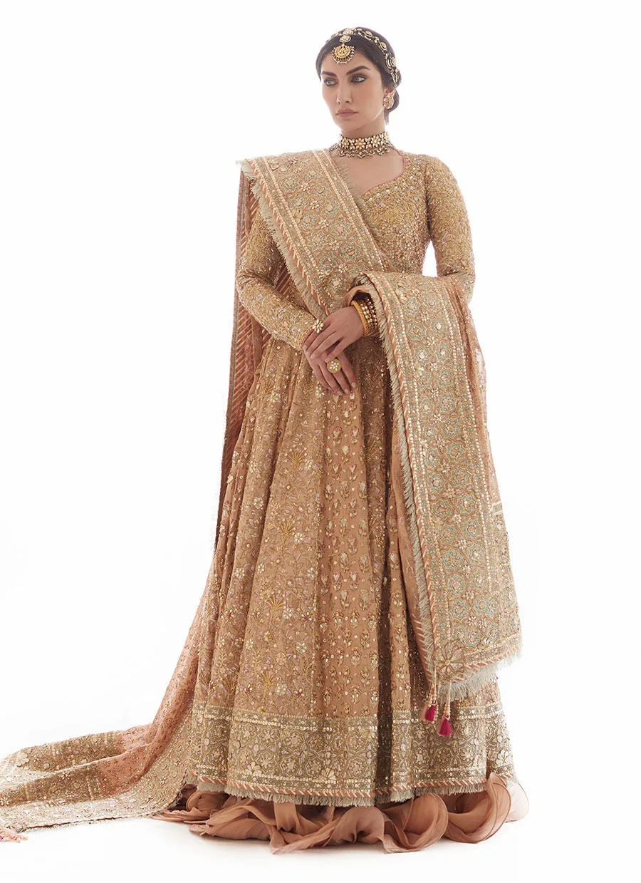 Gold Kalidar Heavily Embellished Pakistani Bridal Dress Pishwas Lehenga 2