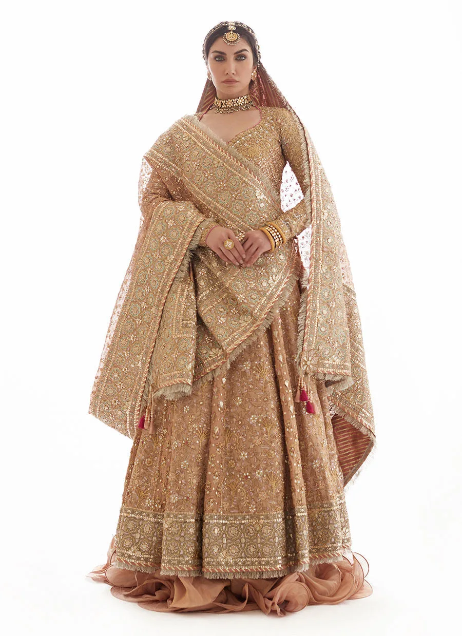 Gold Kalidar Heavily Embellished Pakistani Bridal Dress Pishwas Lehenga 3