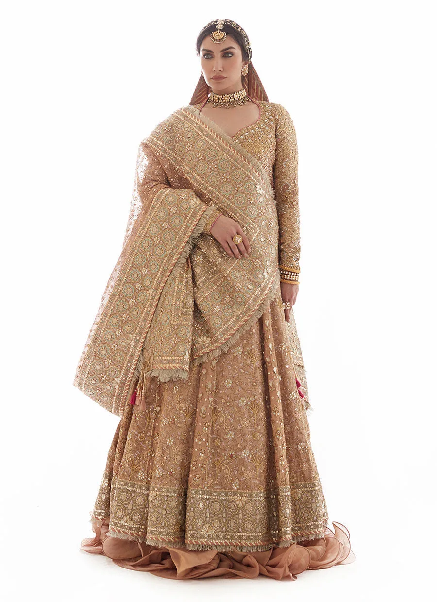 Gold Kalidar Heavily Embellished Pakistani Bridal Dress Pishwas Lehenga 4