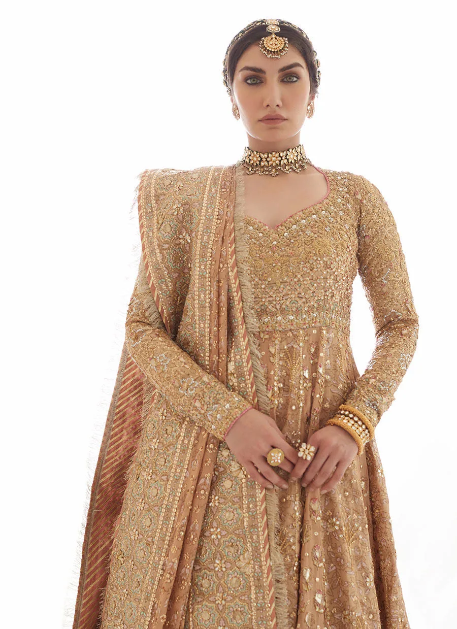 Gold Kalidar Heavily Embellished Pakistani Bridal Dress Pishwas Lehenga 5