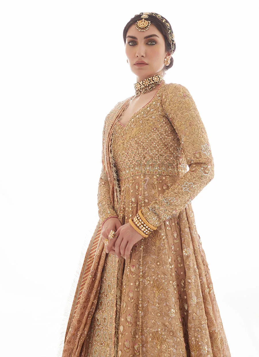 Gold Kalidar Heavily Embellished Pakistani Bridal Dress Pishwas Lehenga 6