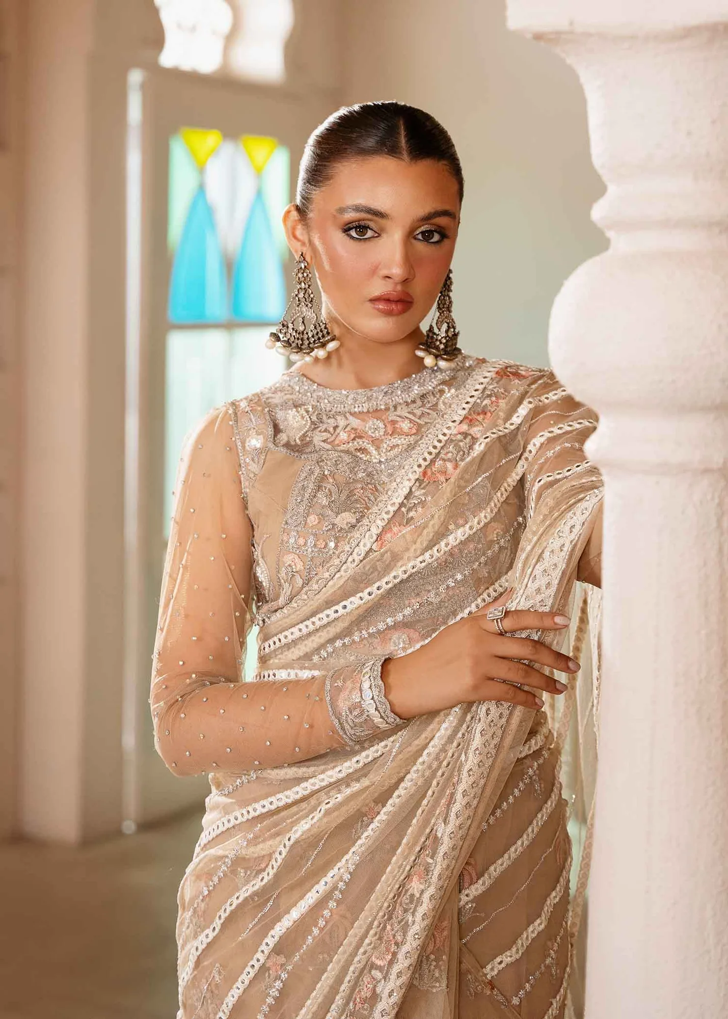 Elegant Ivory Pakistani Wedding Dress with Embroidery 4