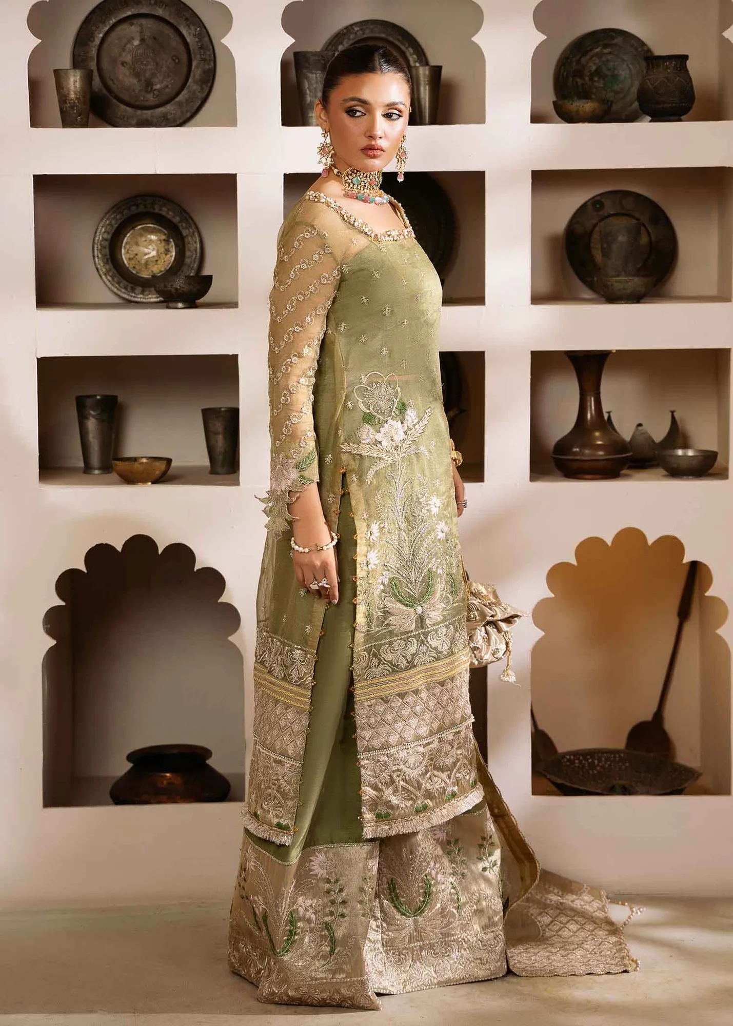 Mint Green Pakistani Wedding Dress with Floral Embroidery 2