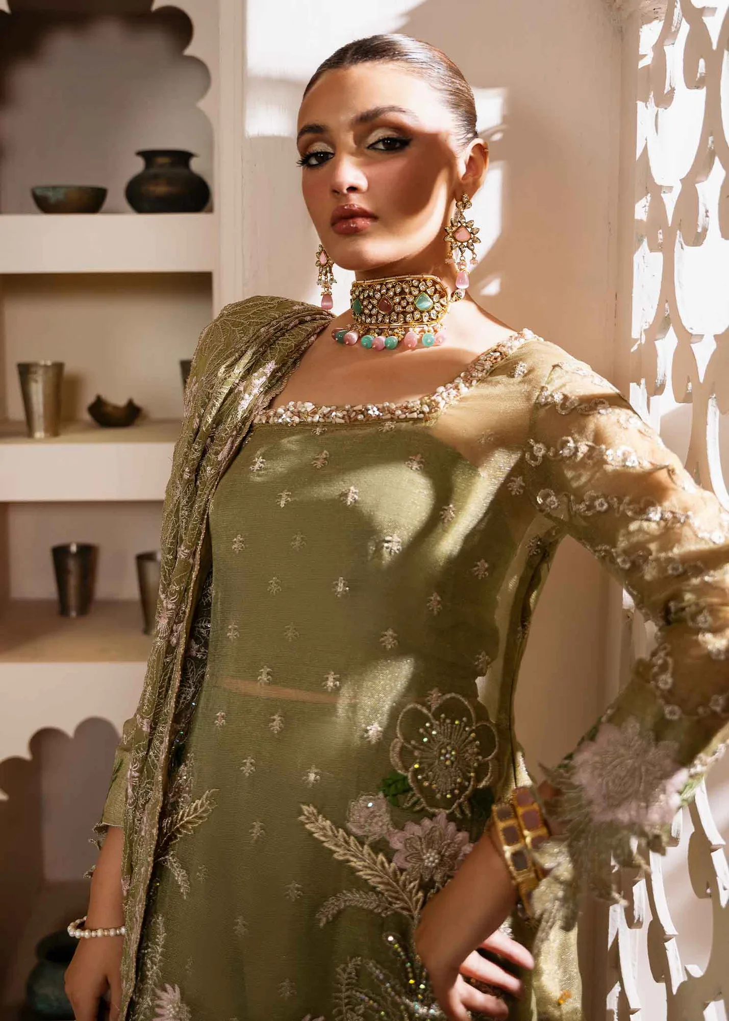 Mint Green Pakistani Wedding Dress with Floral Embroidery 3