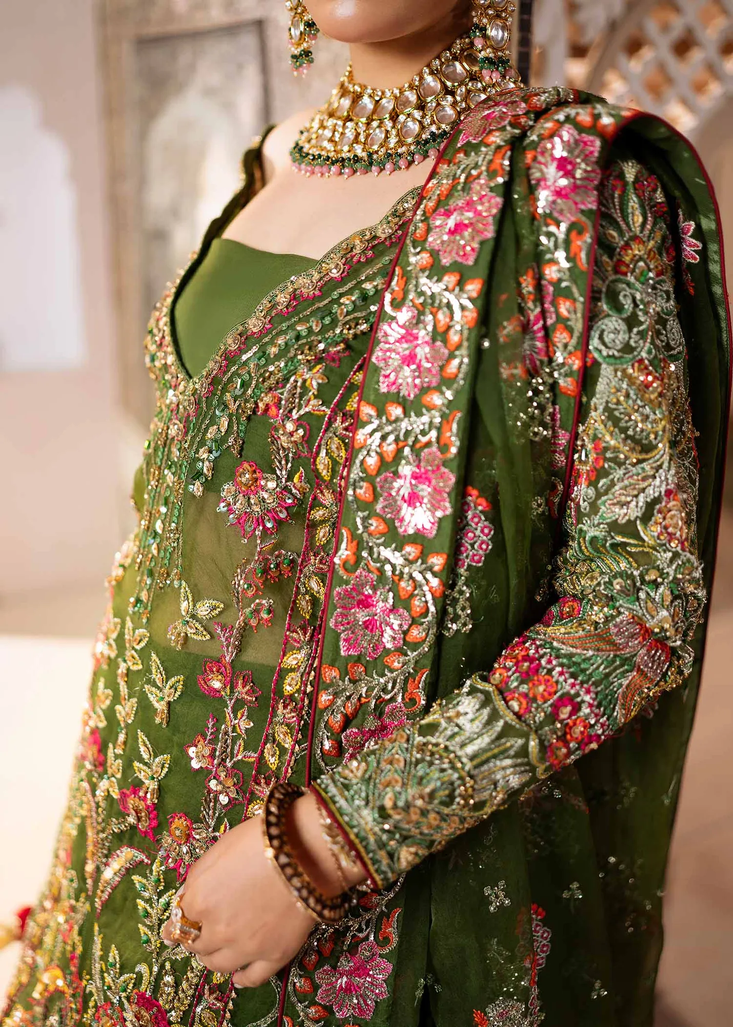 Elegant Olive Green Pakistani Wedding Dress with Embroidery 4