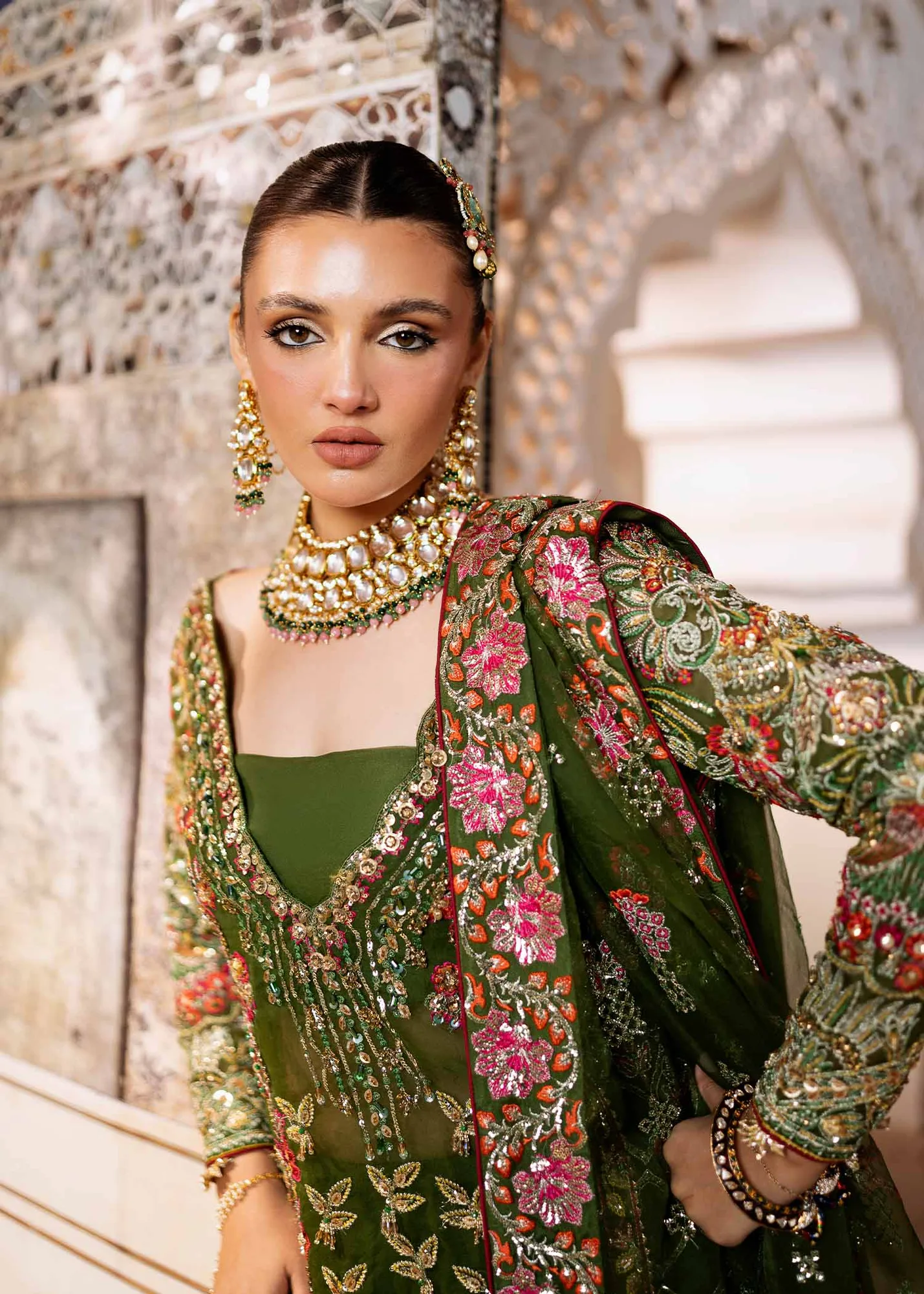 Elegant Olive Green Pakistani Wedding Dress with Embroidery 5