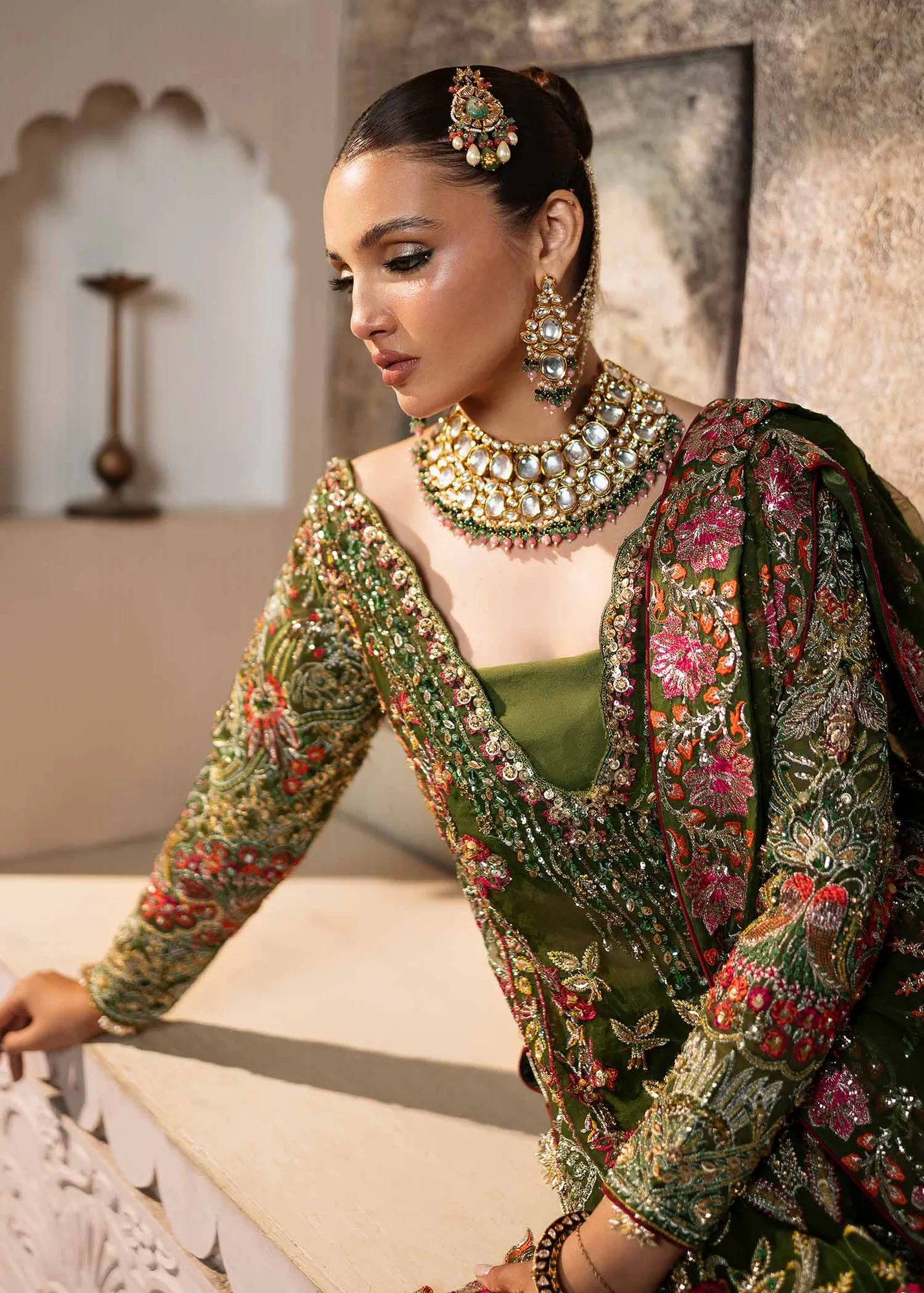 Elegant Olive Green Pakistani Wedding Dress with Embroidery 6