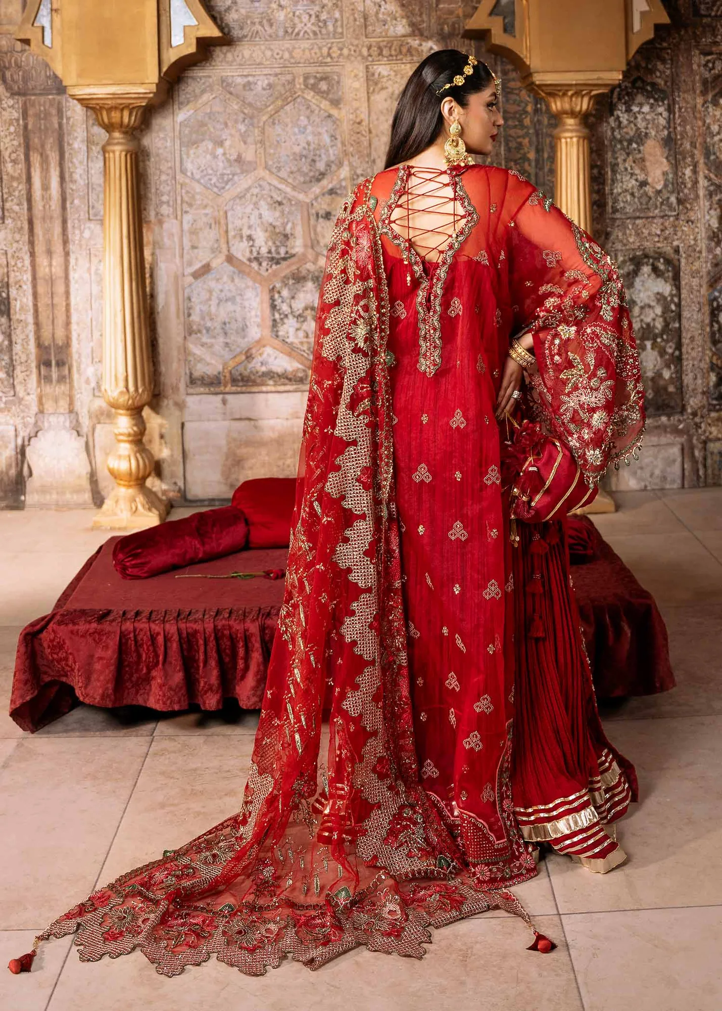 Elegant Red Pakistani Wedding Dress with Embroidered Dupatta 3
