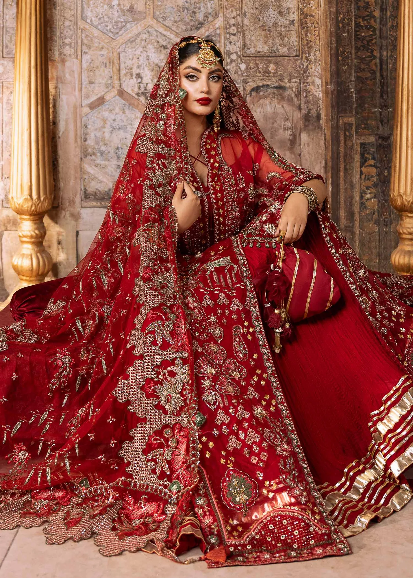 Elegant Red Pakistani Wedding Dress with Embroidered Dupatta 4