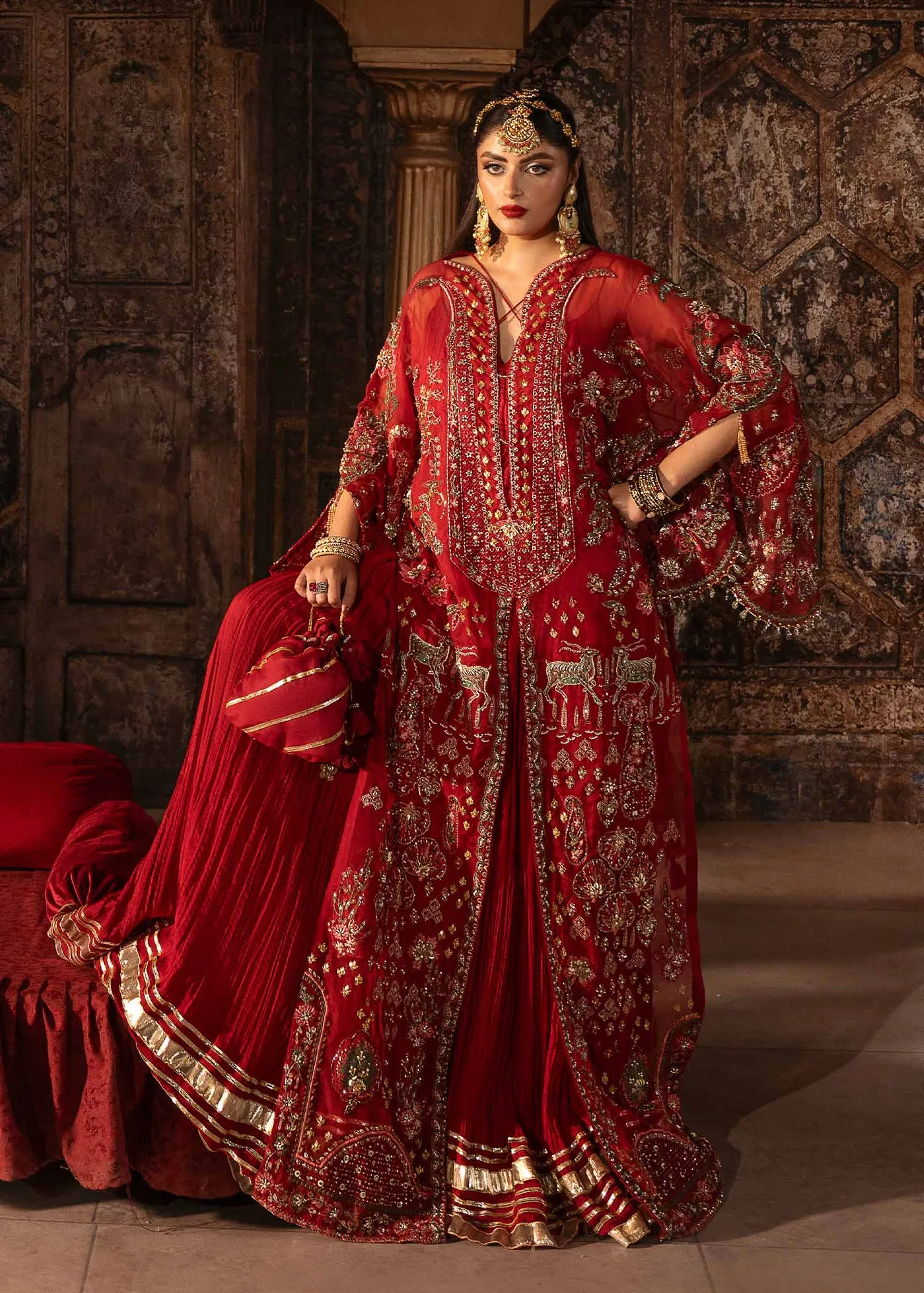 Elegant Red Pakistani Wedding Dress with Embroidered Dupatta 5