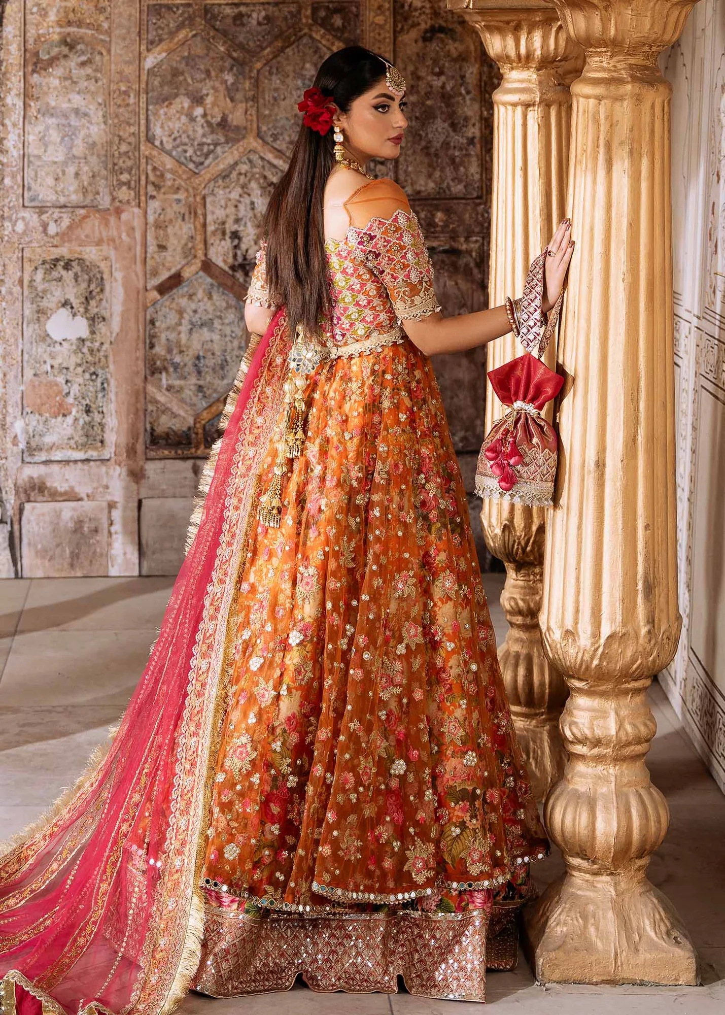 Elegant Orange Pakistani Wedding Dress with Embroidery & Dupatta 2