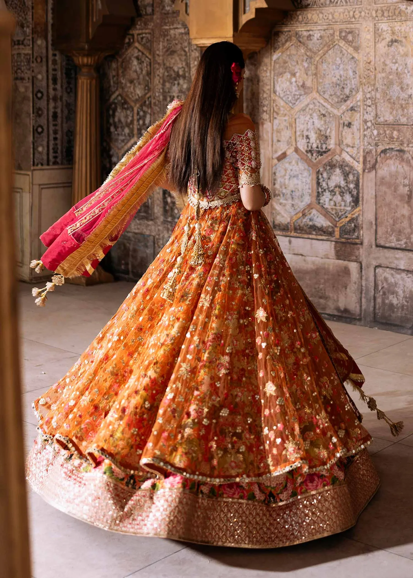 Elegant Orange Pakistani Wedding Dress with Embroidery & Dupatta 6