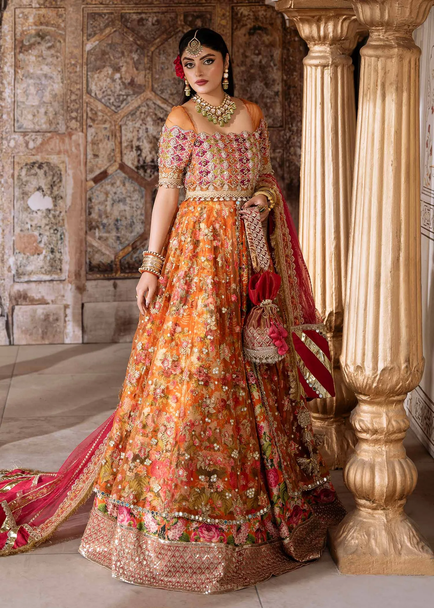 Elegant Orange Pakistani Wedding Dress with Embroidery & Dupatta 7