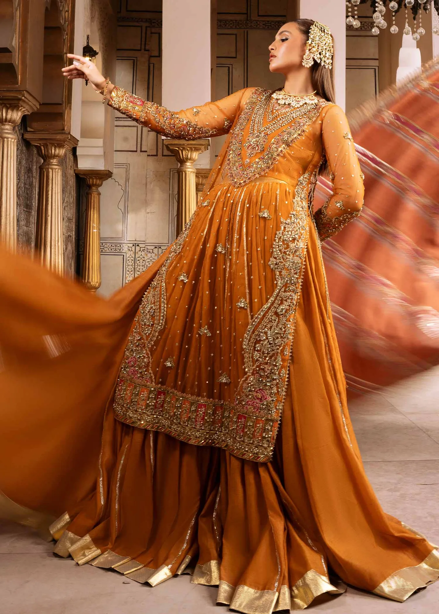 Elegant Pakistani Wedding Dress with Floral Embroidery and Net Du 3