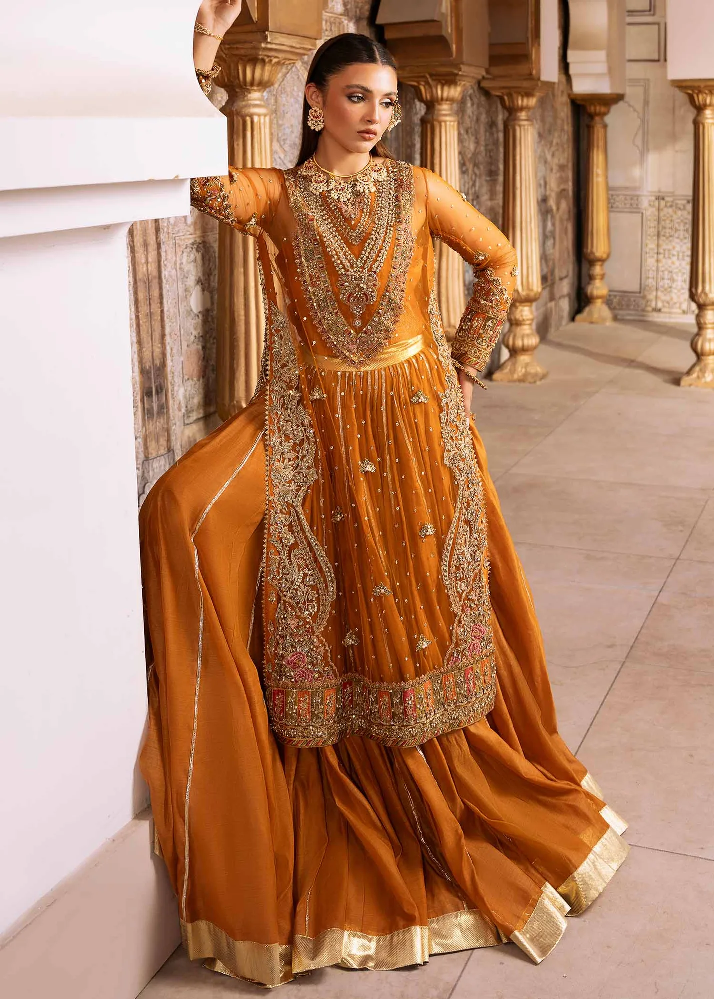 Elegant Pakistani Wedding Dress with Floral Embroidery and Net Du 4