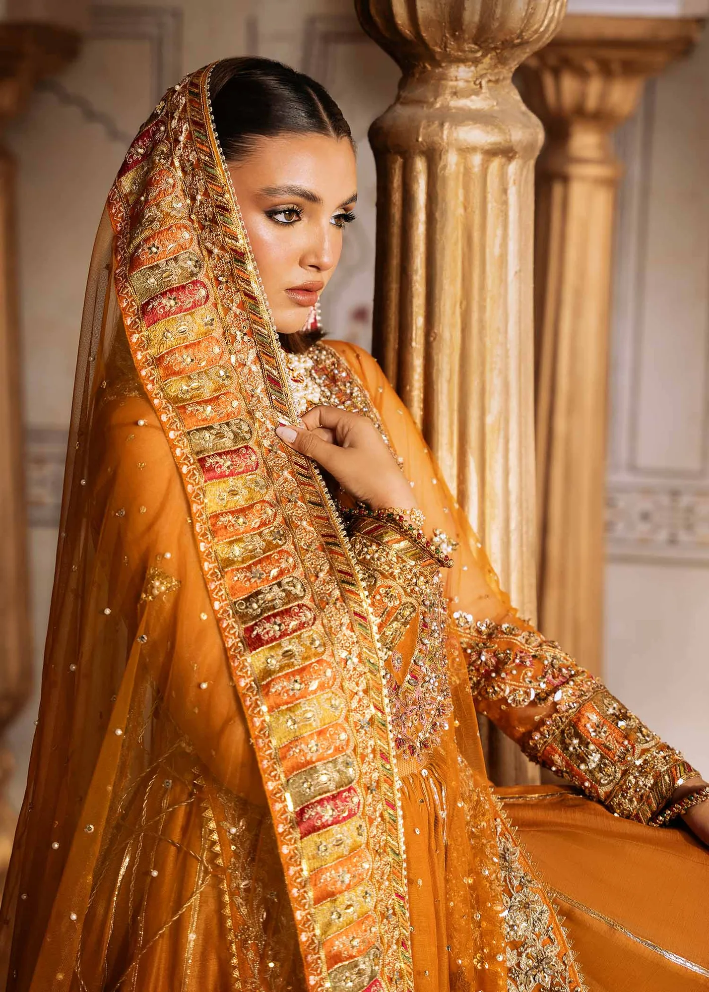 Elegant Pakistani Wedding Dress with Floral Embroidery and Net Du 6