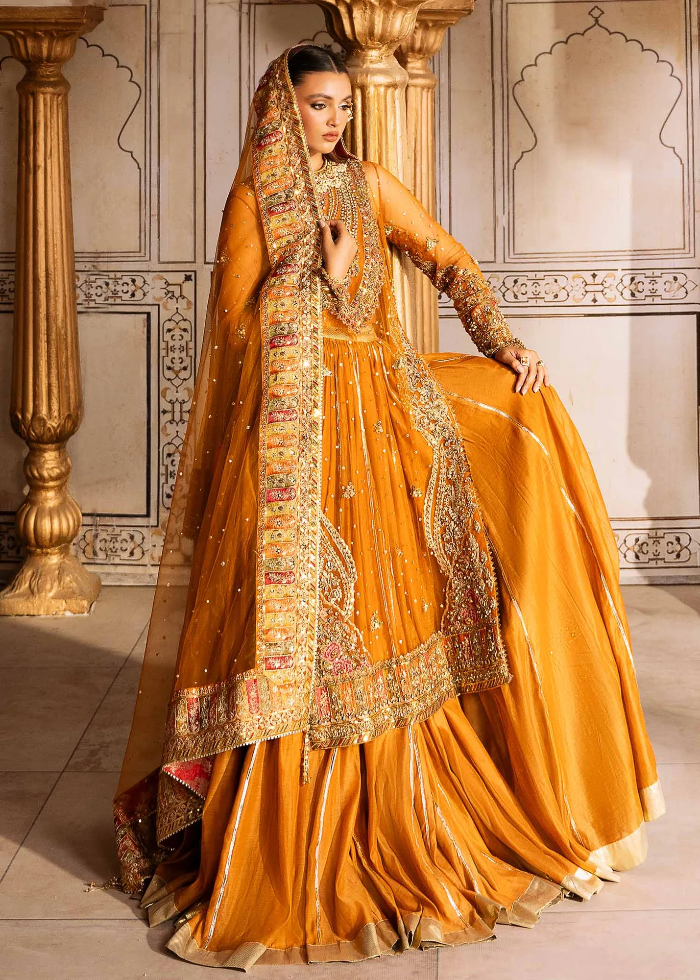 Elegant Pakistani Wedding Dress with Floral Embroidery and Net Du 7