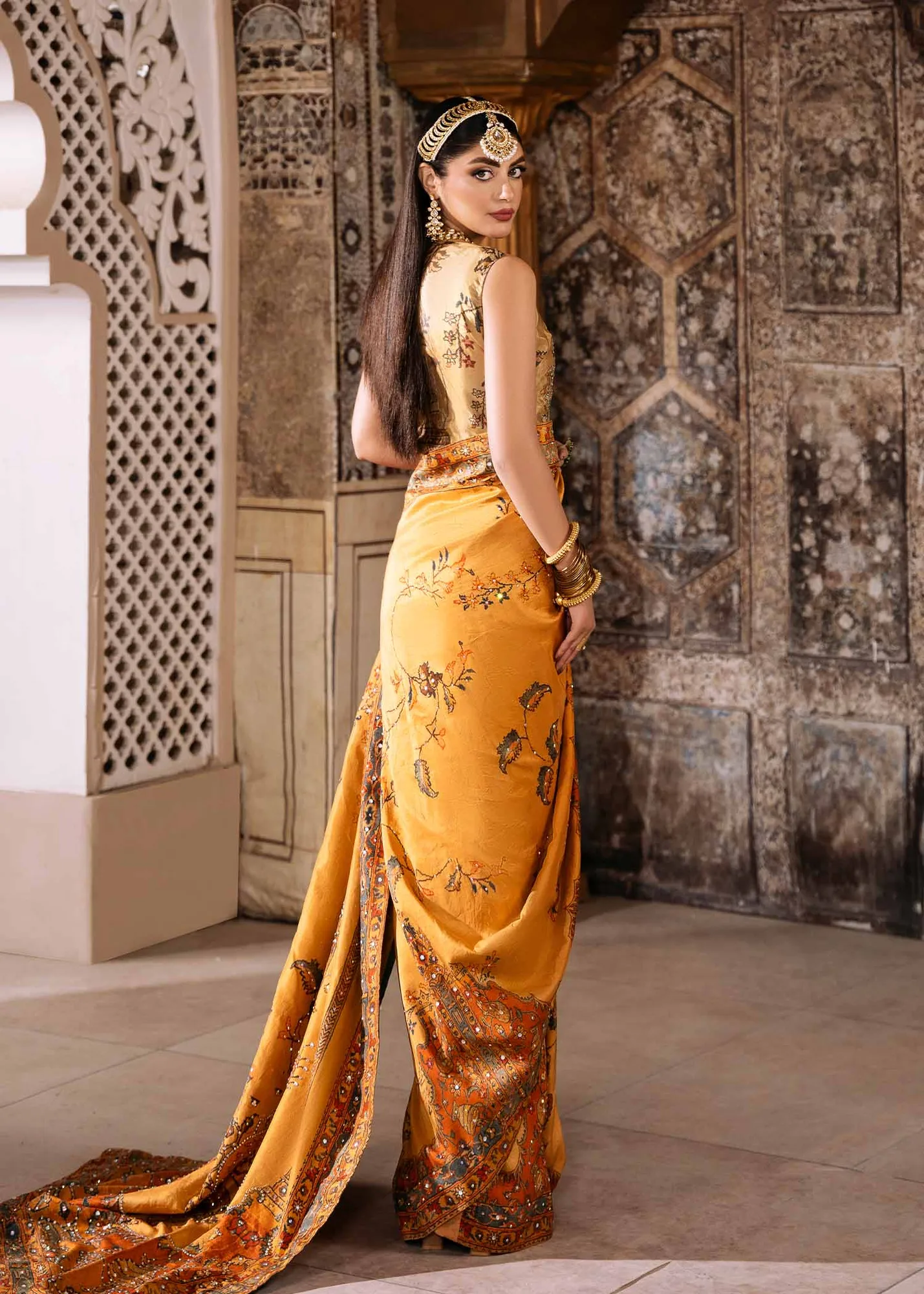 Mustard Pakistani Wedding Dress with Persian Shikargah Print 2