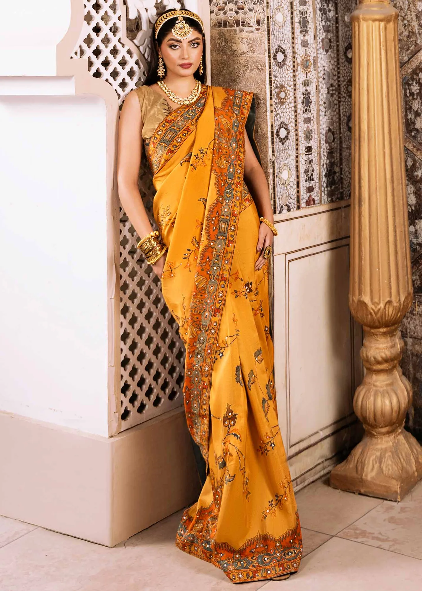 Mustard Pakistani Wedding Dress with Persian Shikargah Print 3