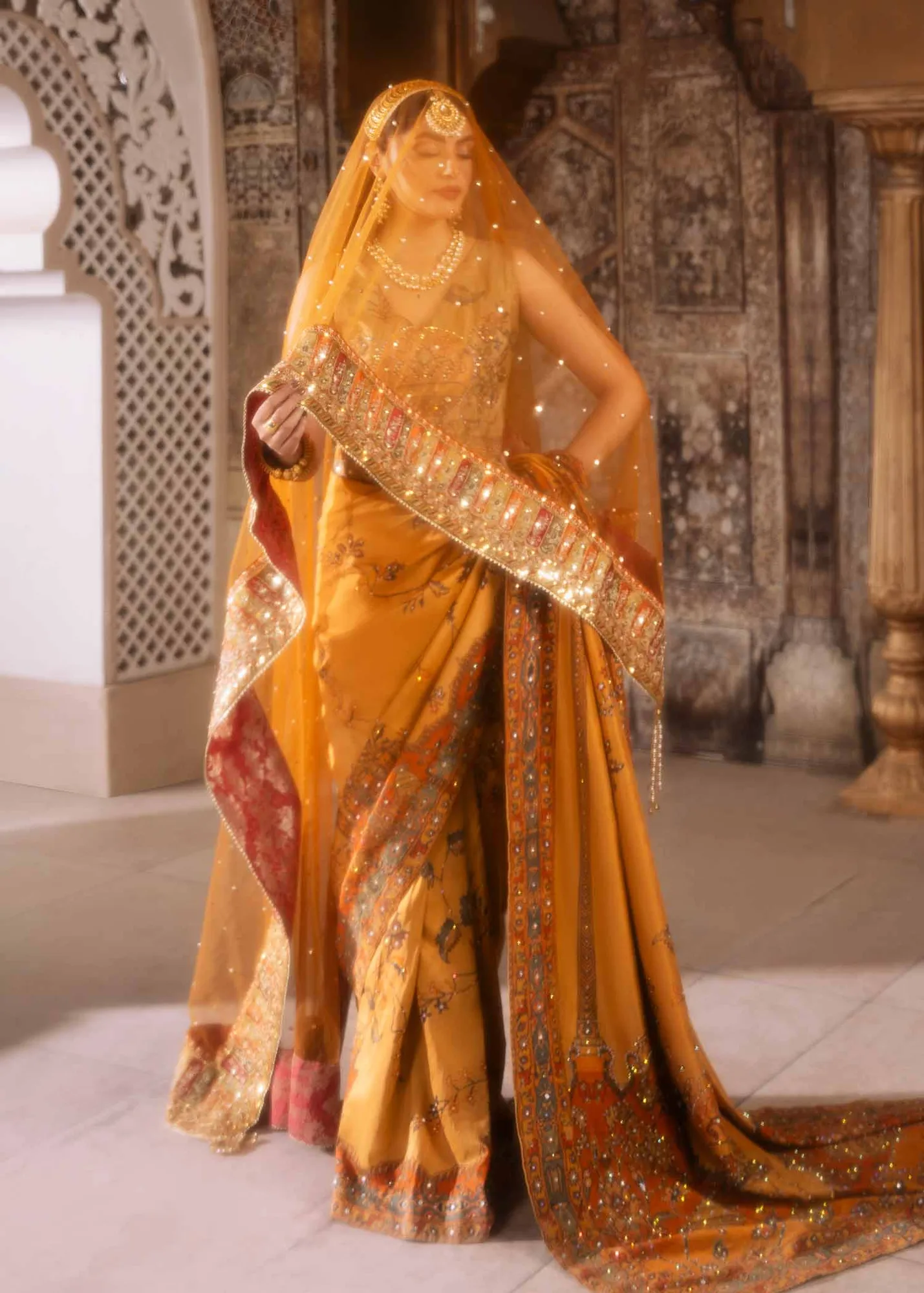 Mustard Pakistani Wedding Dress with Persian Shikargah Print 4