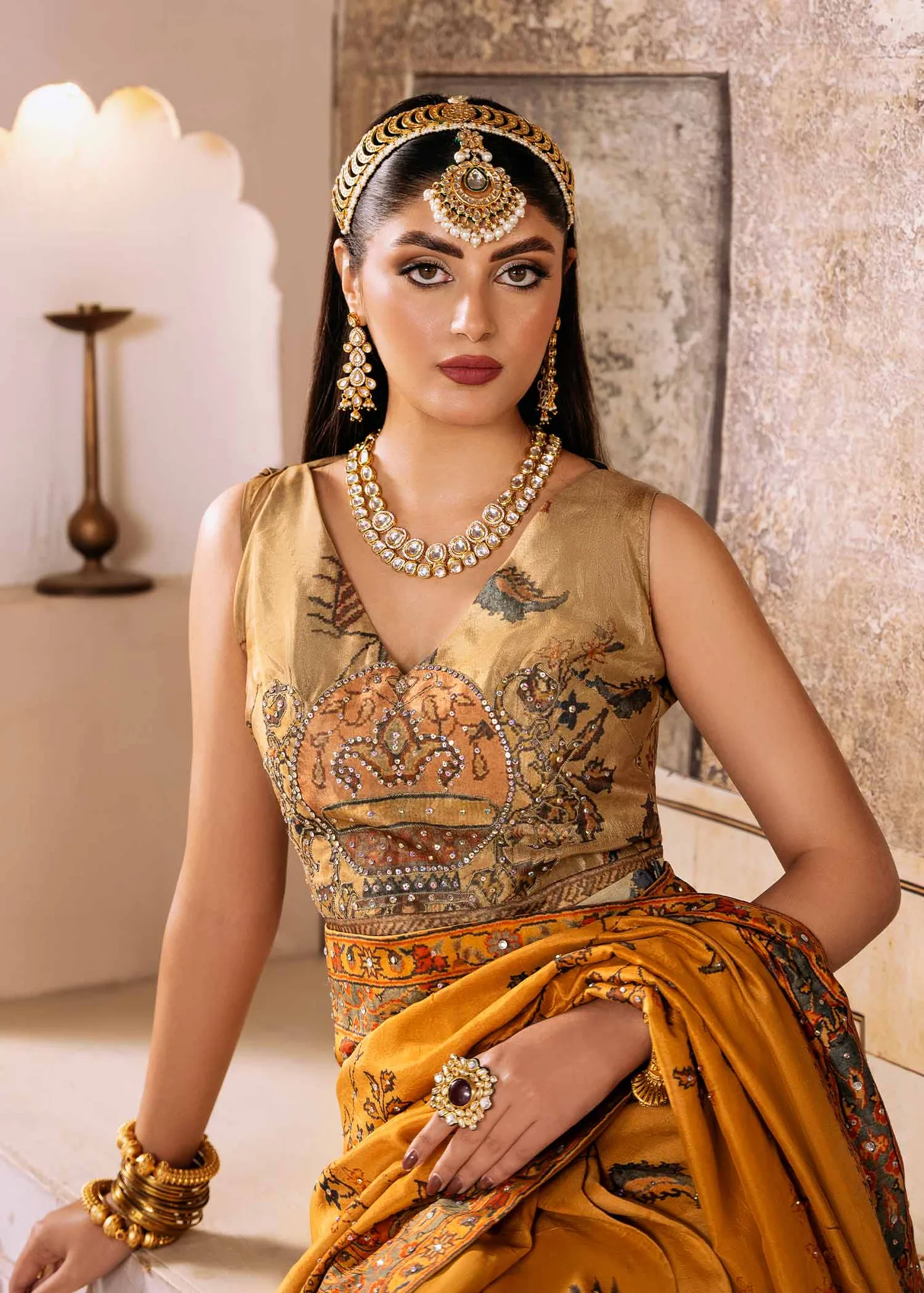 Mustard Pakistani Wedding Dress with Persian Shikargah Print 5