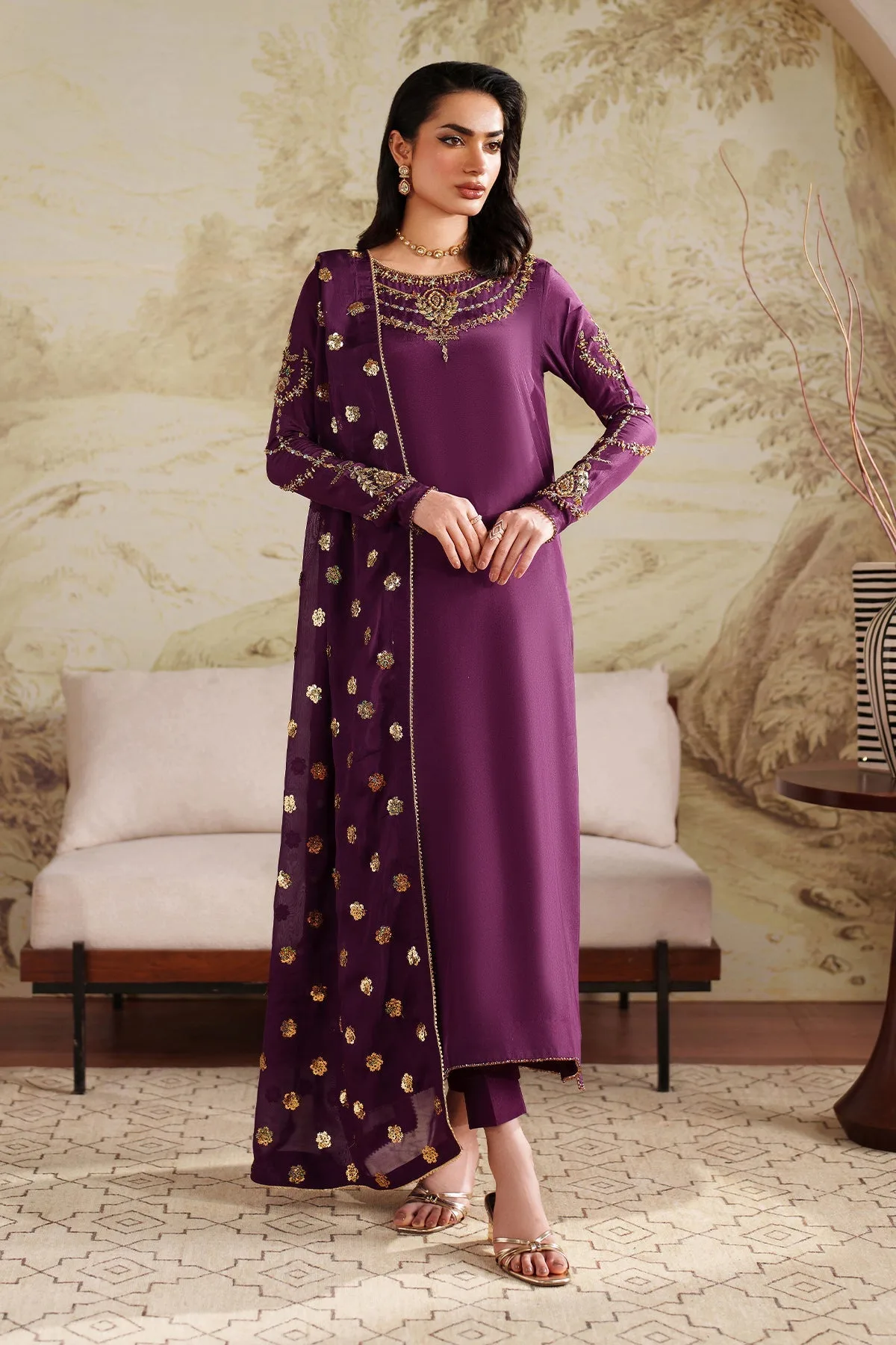Elegant Hand Embellished Raw Silk Pakistani Designer Dress 6